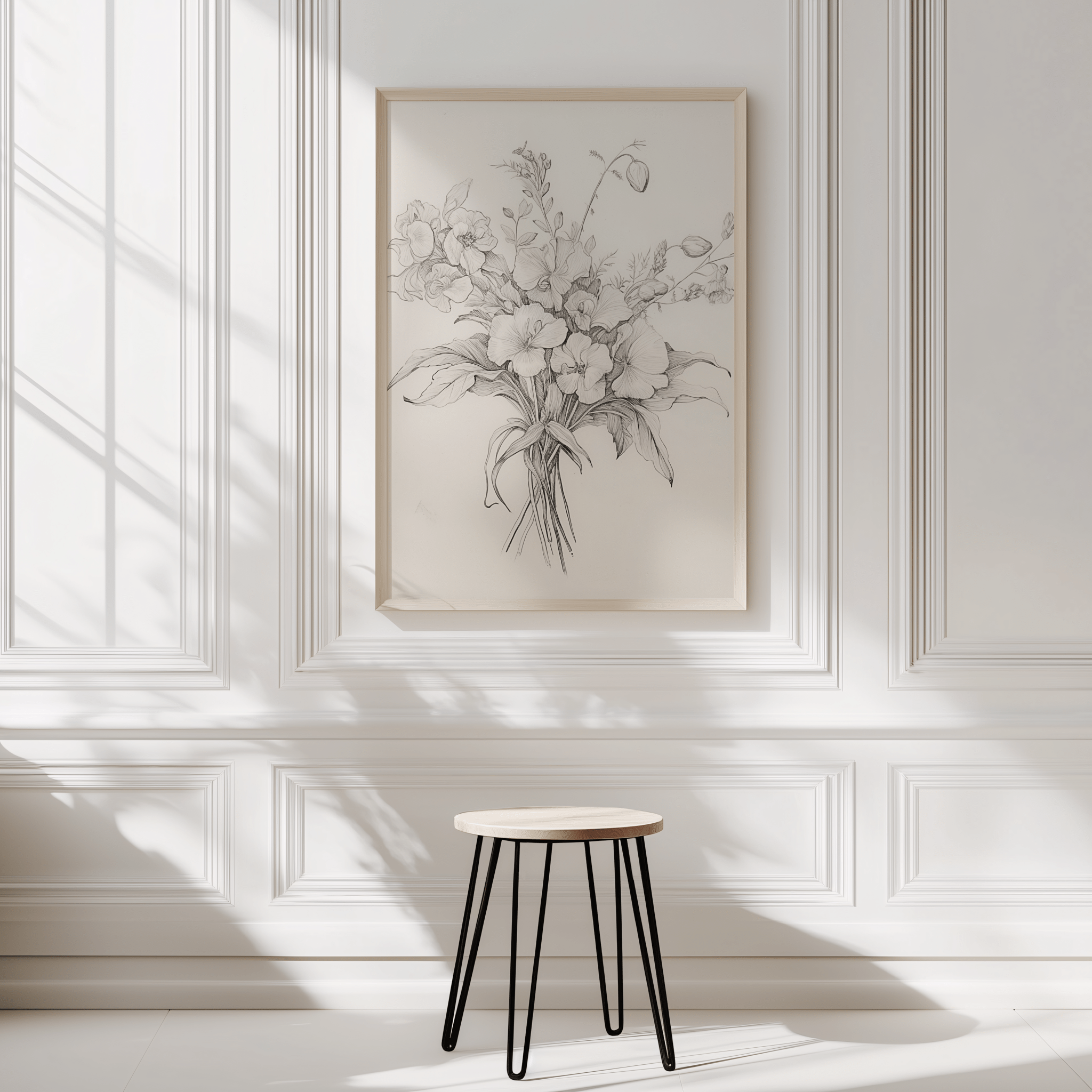 vintage Botanical canvas wall art in a light wood frame on a white panelled wall with a small stool