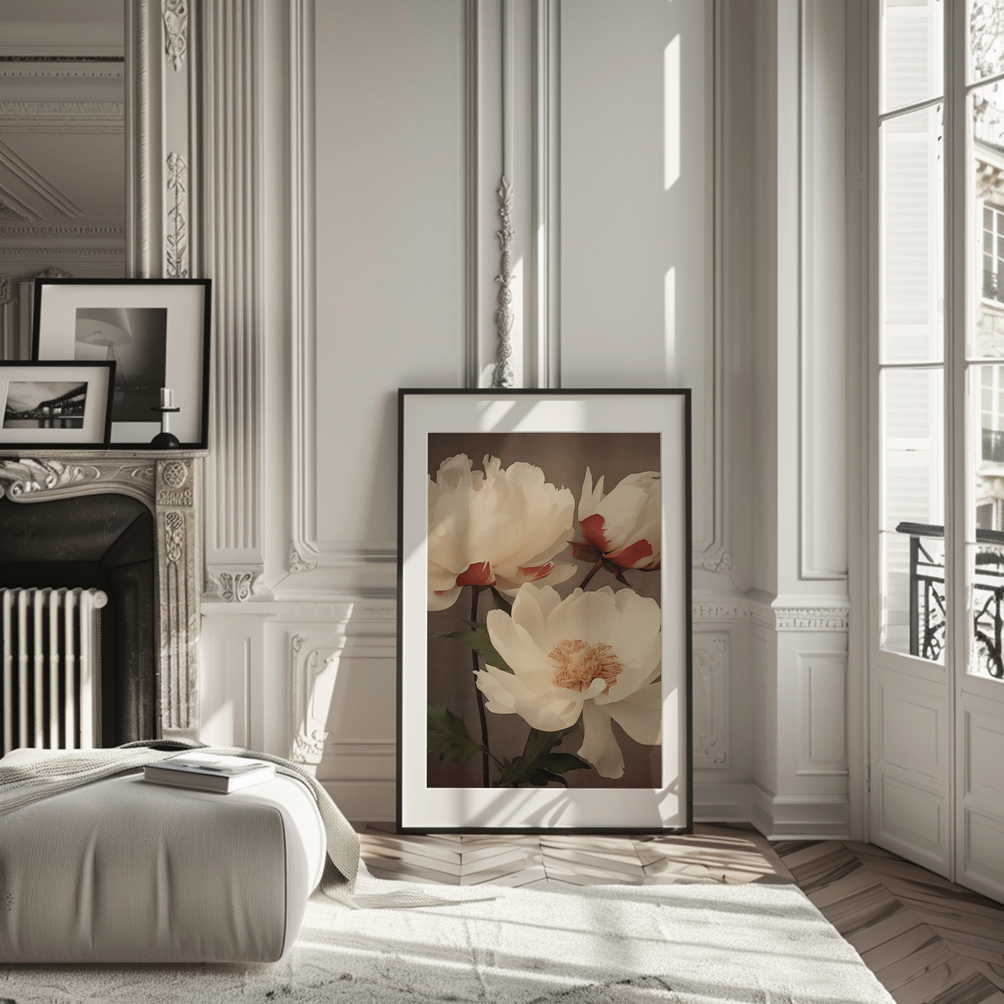 White floral lotus wall art leaning against wall in moody living room interior with fireplace