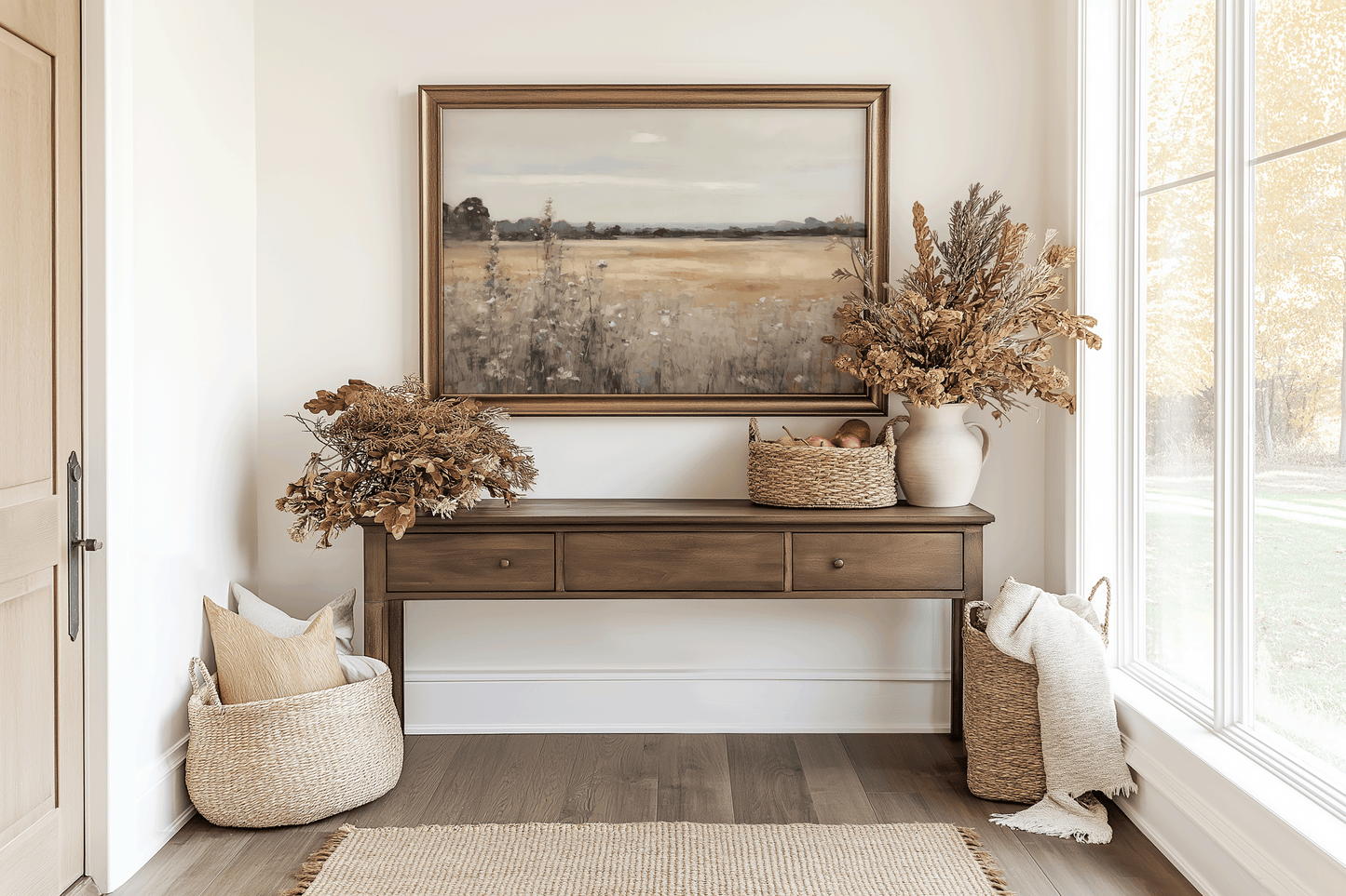Framed vintage landscape wall art with wildflowers and open fields styled above a console table in a rustic entryway with cottagecore aesthetic.
