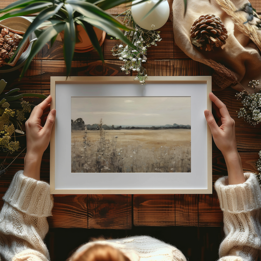 Neutral vintage landscape wall art print with wildflowers, countryside scene in a white frame, held in hands on rustic wood table.