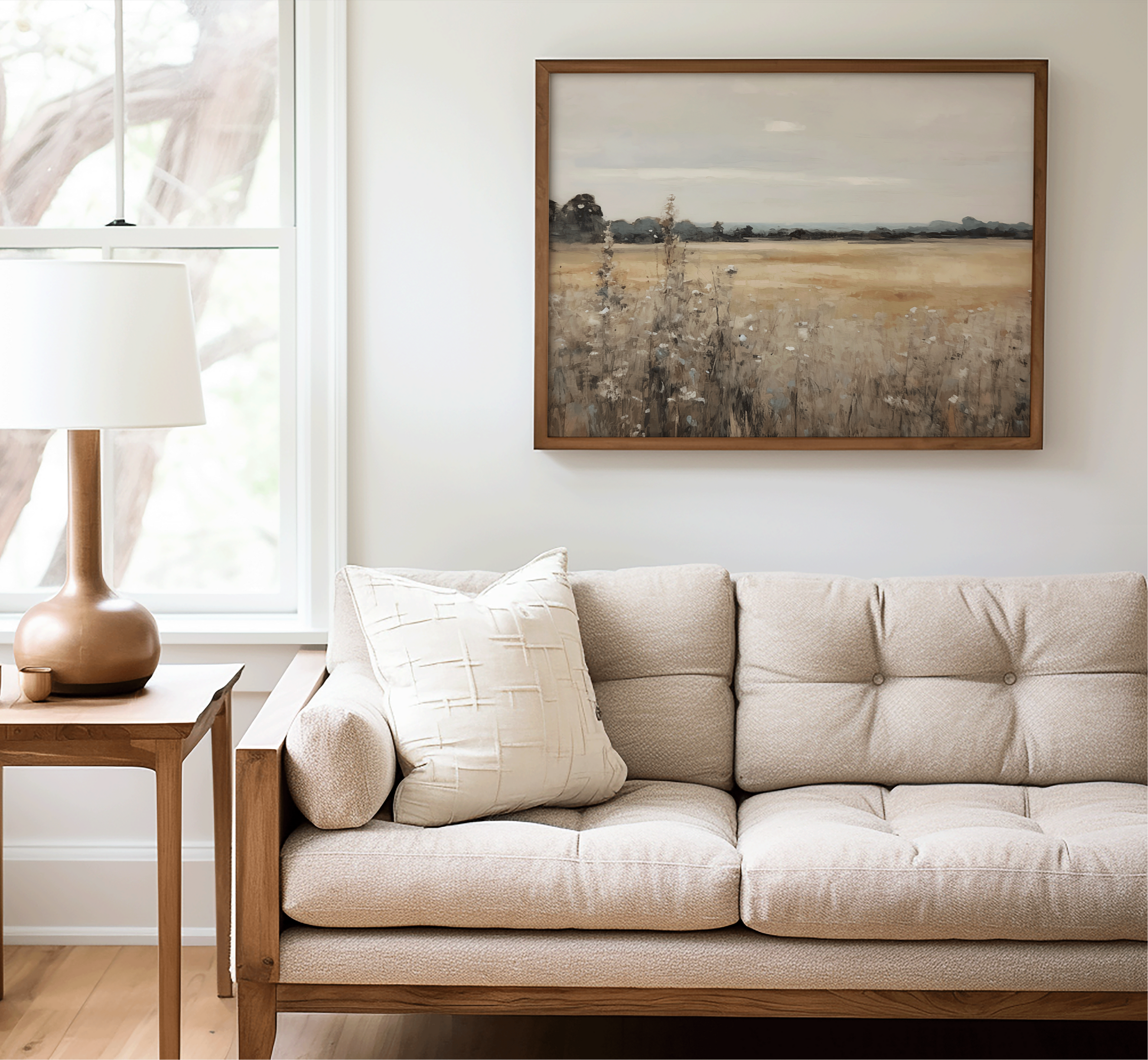 Neutral vintage landscape wall art with wildflowers and fields, framed in wood and displayed above a beige sofa in a cozy farmhouse living room.