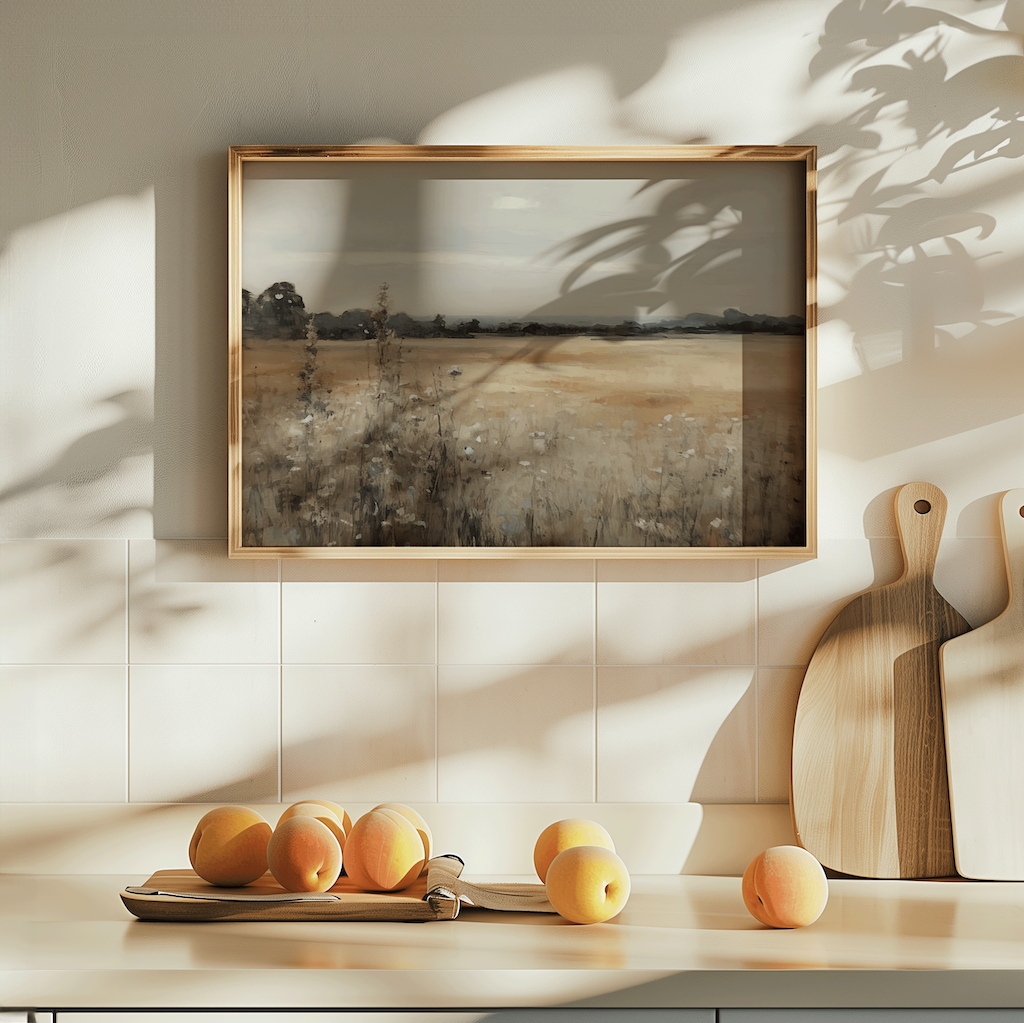 Rustic vintage landscape wall art framed canvas with wildflower field, neutral countryside print styled on a modern kitchen counter.