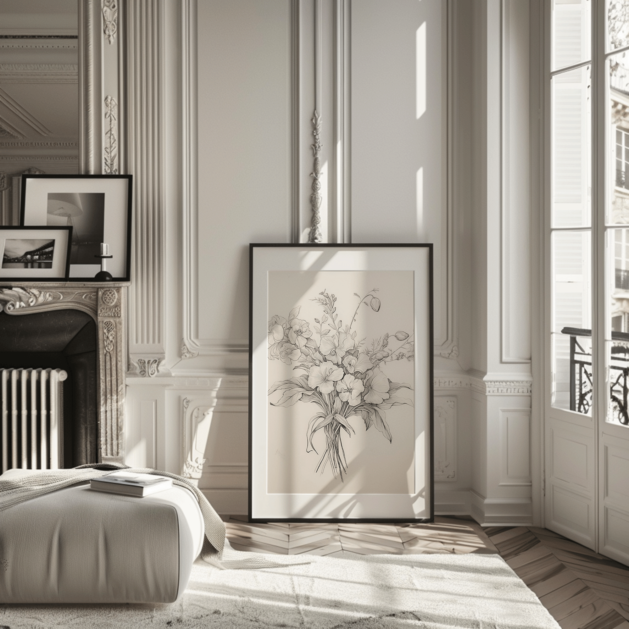 Large abstract botanical sketch in a black frame leaning on a Parisian-style floor in a living room near a fireplace