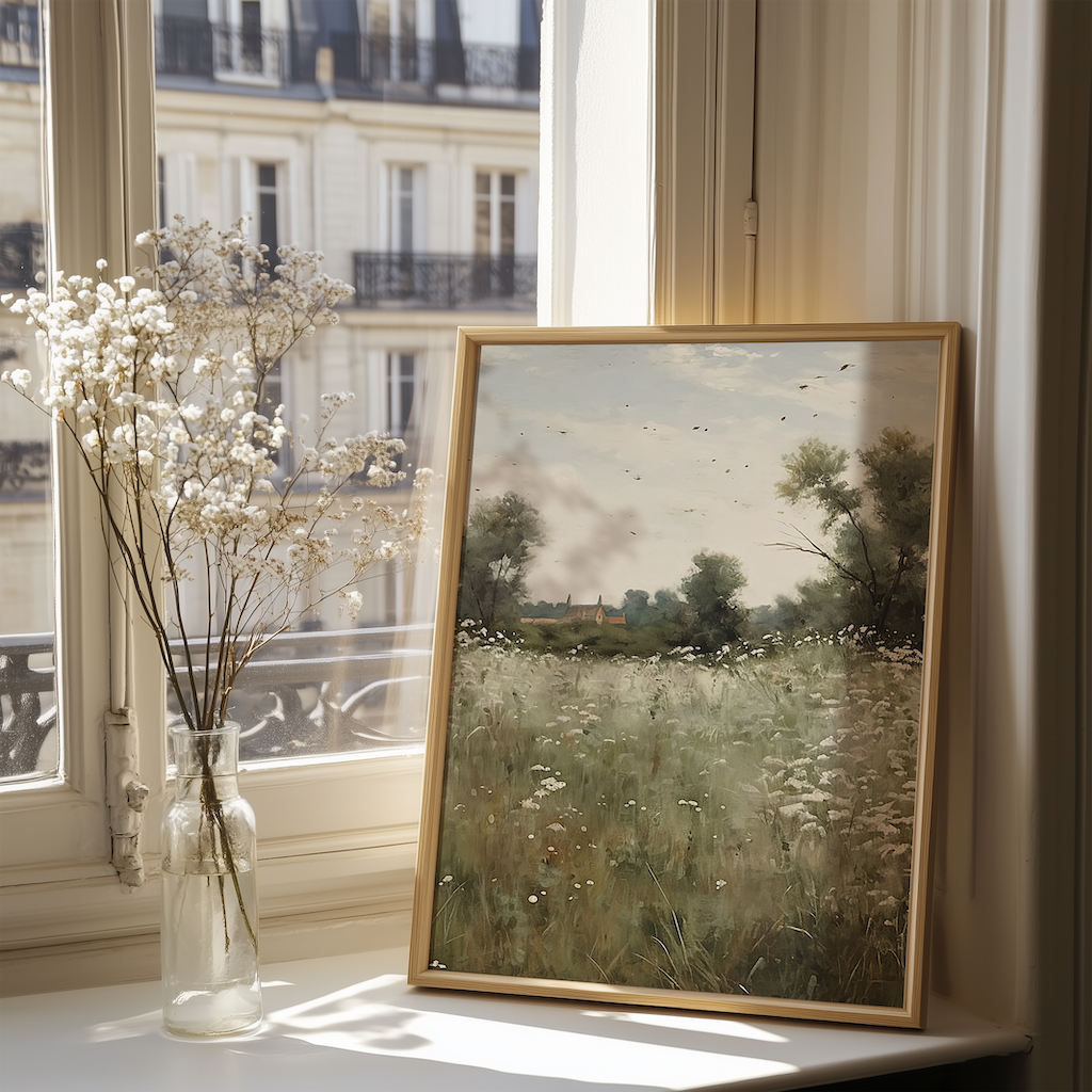 Countryside wildflower meadow framed wall art leaning on window sill with glass vase decor