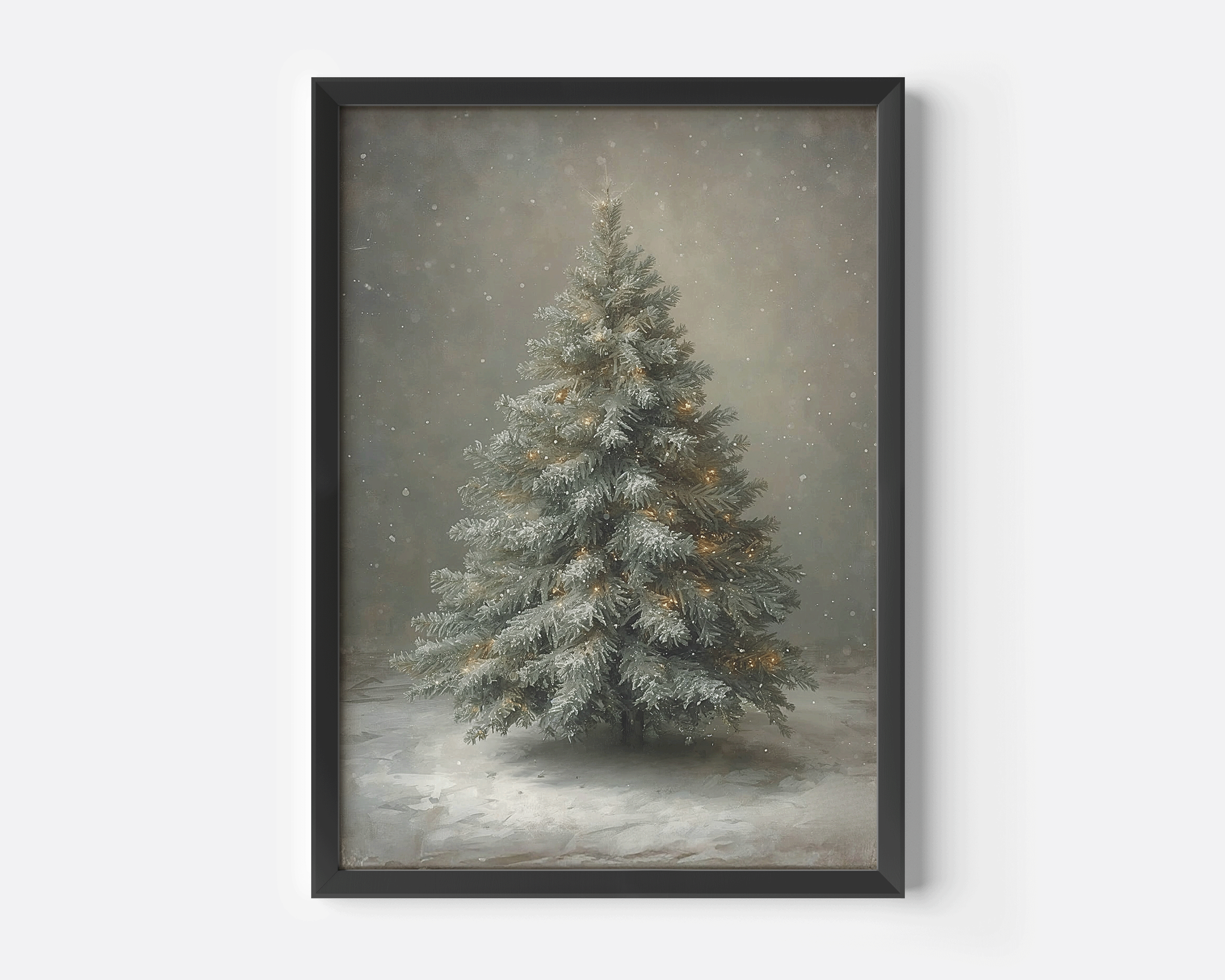Neutral Christmas tree canvas print in a sleek black frame, showing a softly glowing winter tree under falling snow, perfect for cozy holiday decor.