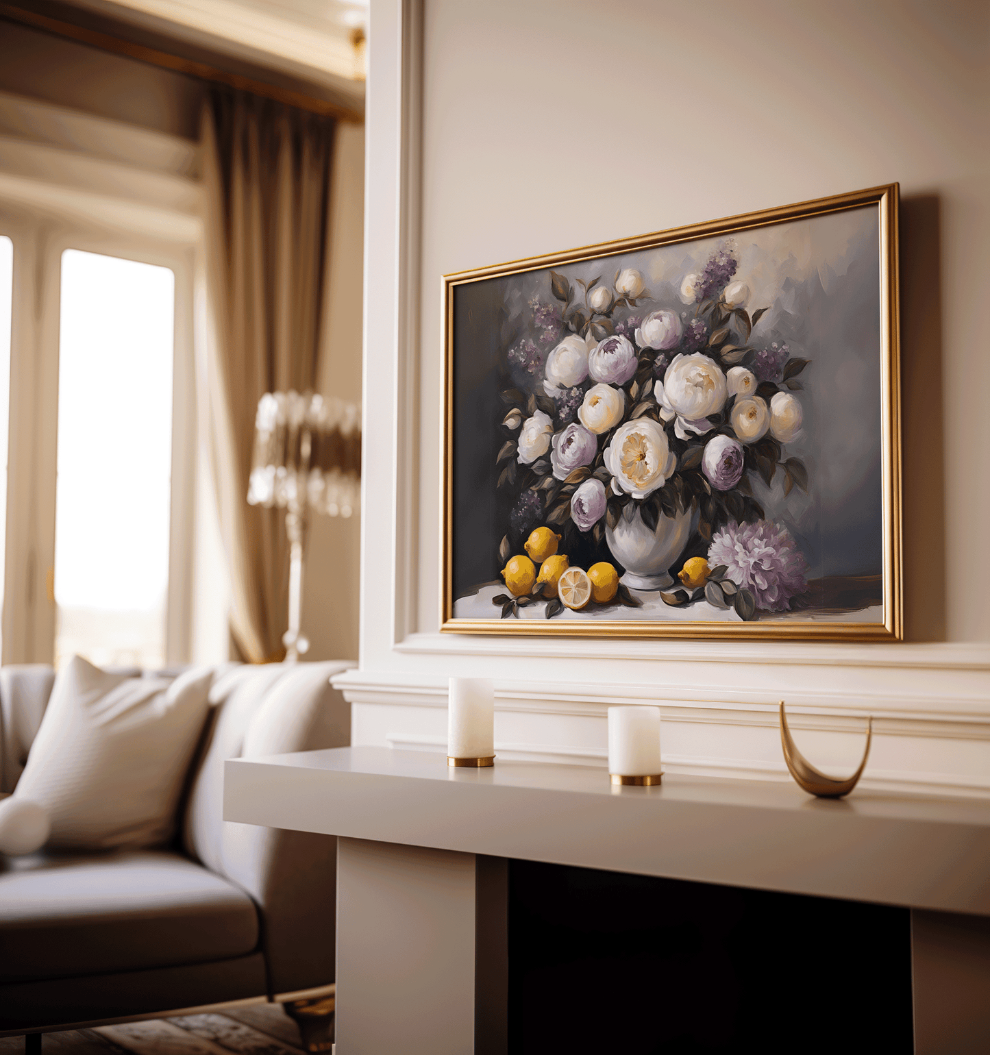 Classic vintage peony still life floral art framed in gold hanging above a fireplace in a neutral, modern living room