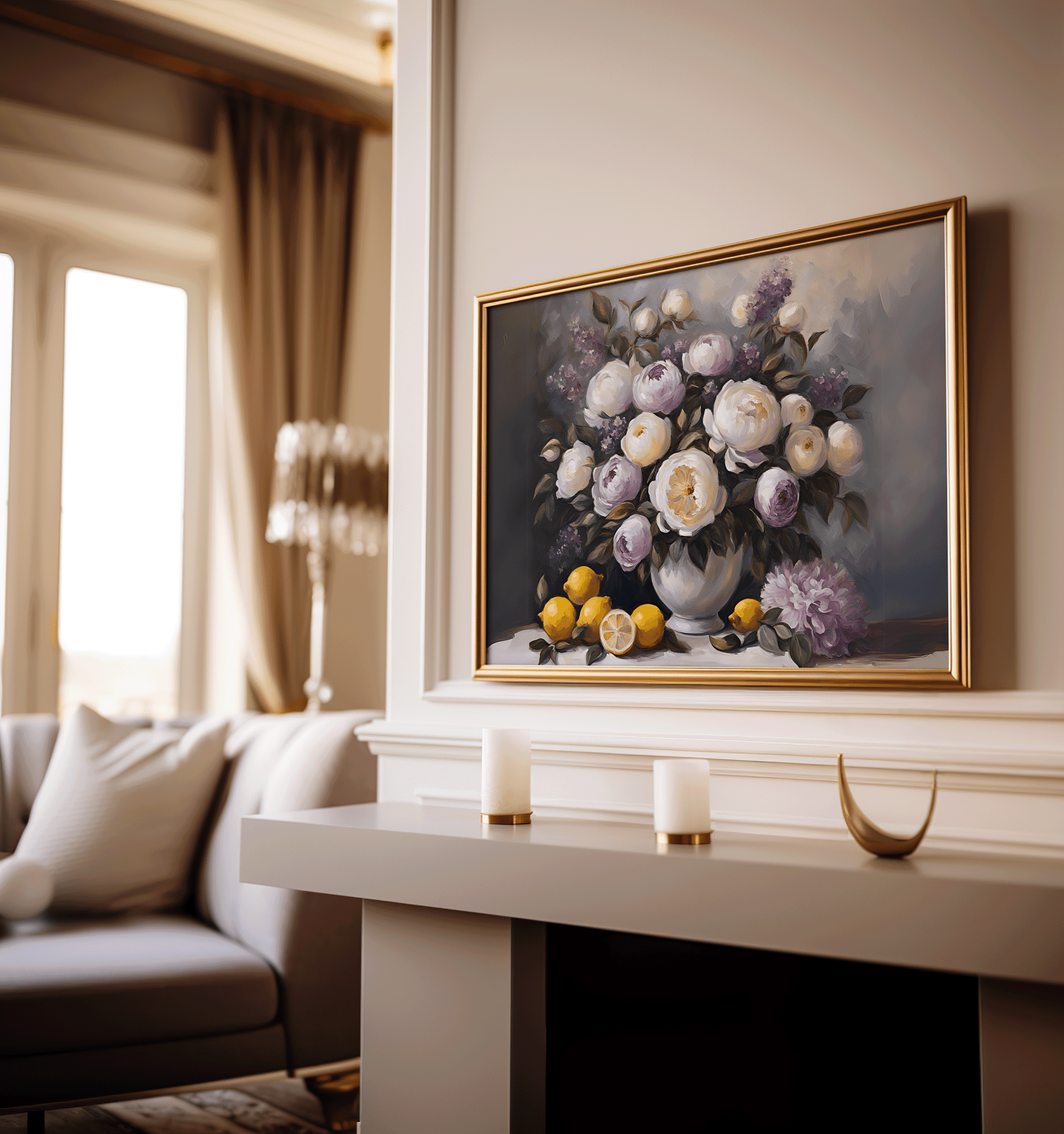 Classic vintage peony still life floral art framed in gold hanging above a fireplace in a neutral, modern living room