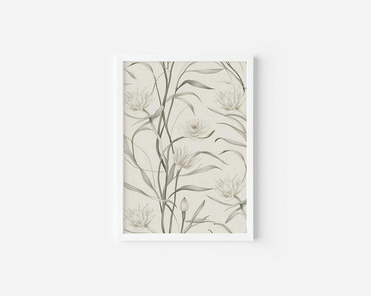 White framed vintage botanical canvas wall art with sage green leaves and delicate white flowers, perfect for living rooms, dining rooms or bedrooms