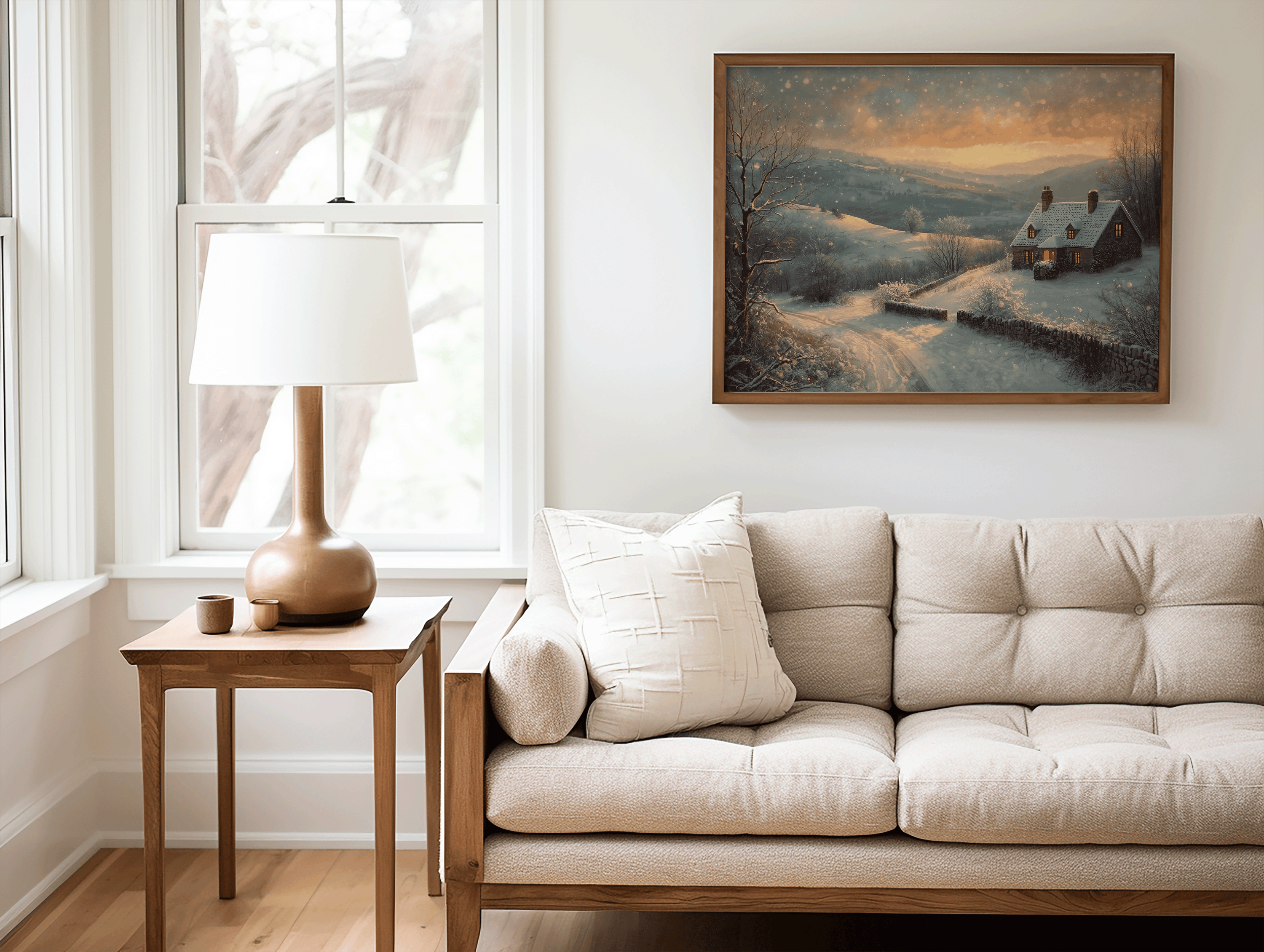 Vintage winter cottage wall art mockup displayed above a neutral sofa in a bright living room, featuring a snowy Christmas landscape canvas print in soft painterly tones.