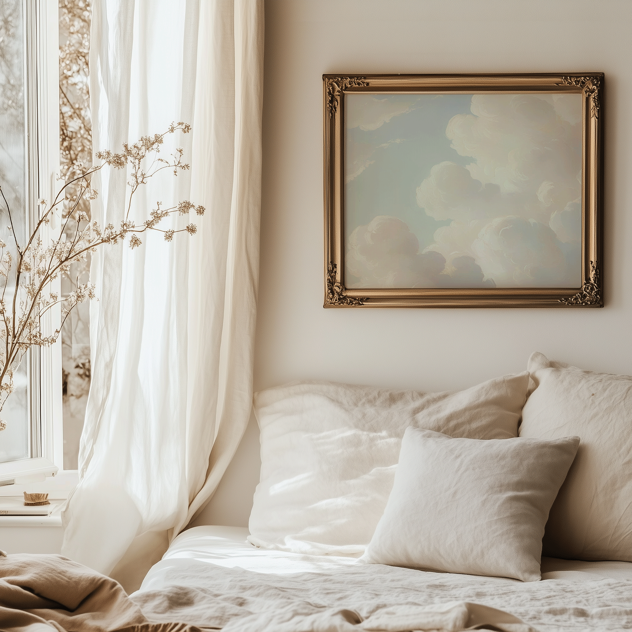 Vintage-style oil painting of clouds on canvas framed in a neutral calming bedroom