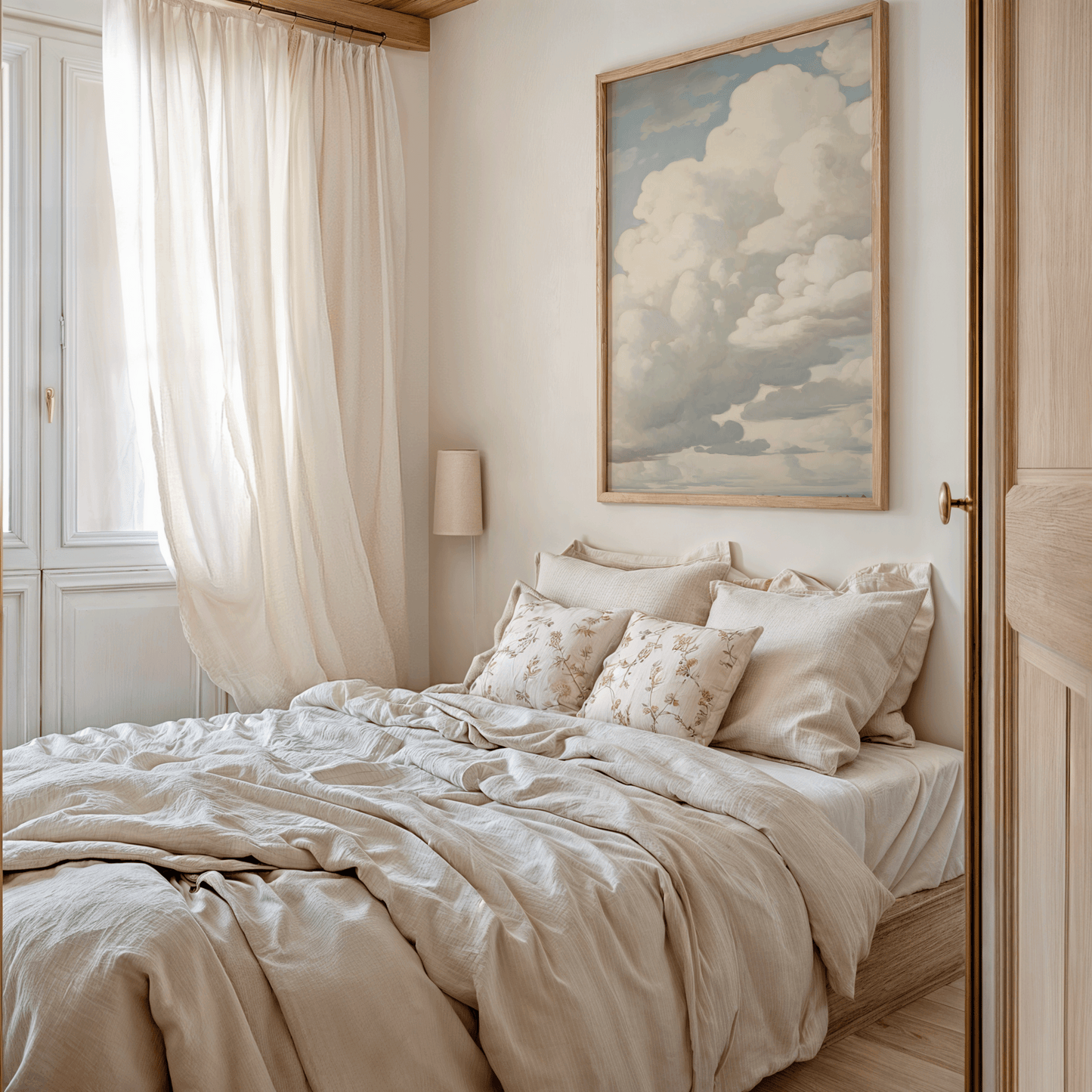 Peaceful cloud wall art print on canvas, perfect for neutral, calm bedroom
