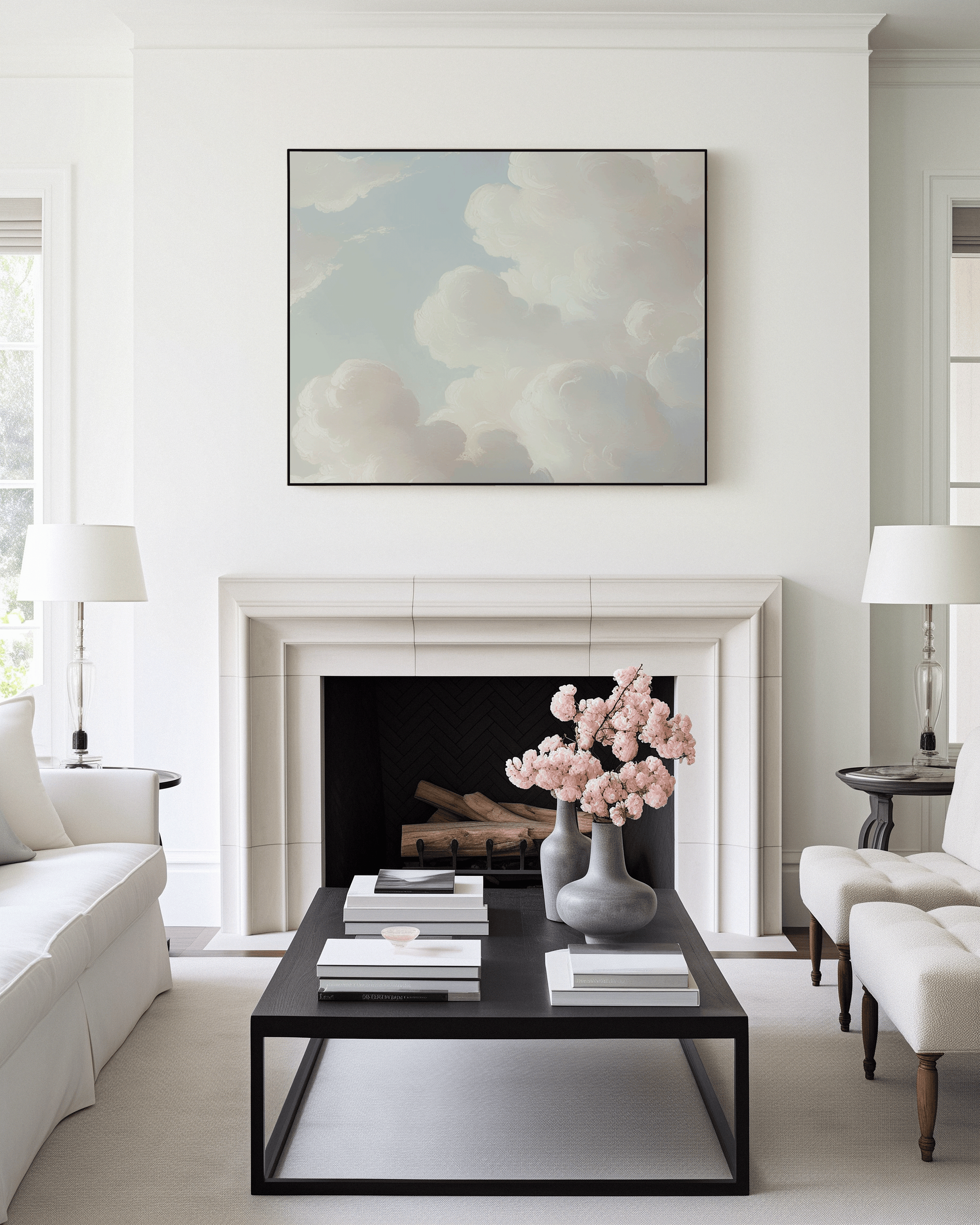 Vintage-style oil painting of clouds on canvas framed in living room