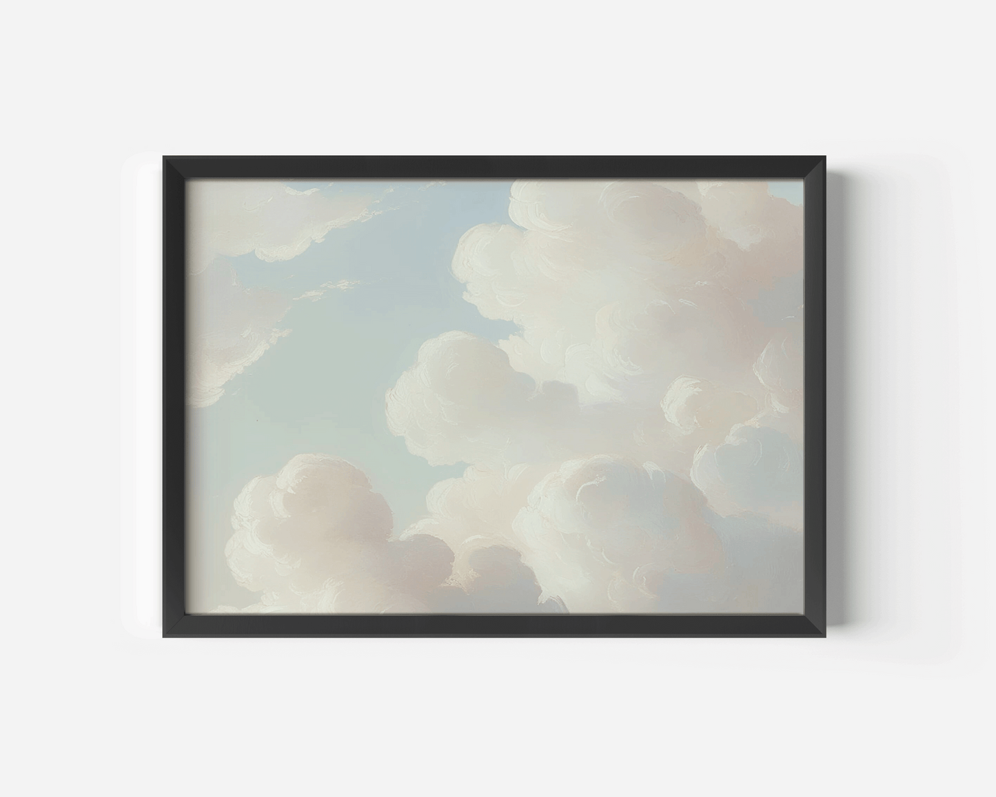 Soft vintage cloud wall art in oil painting style with black frame horizontal