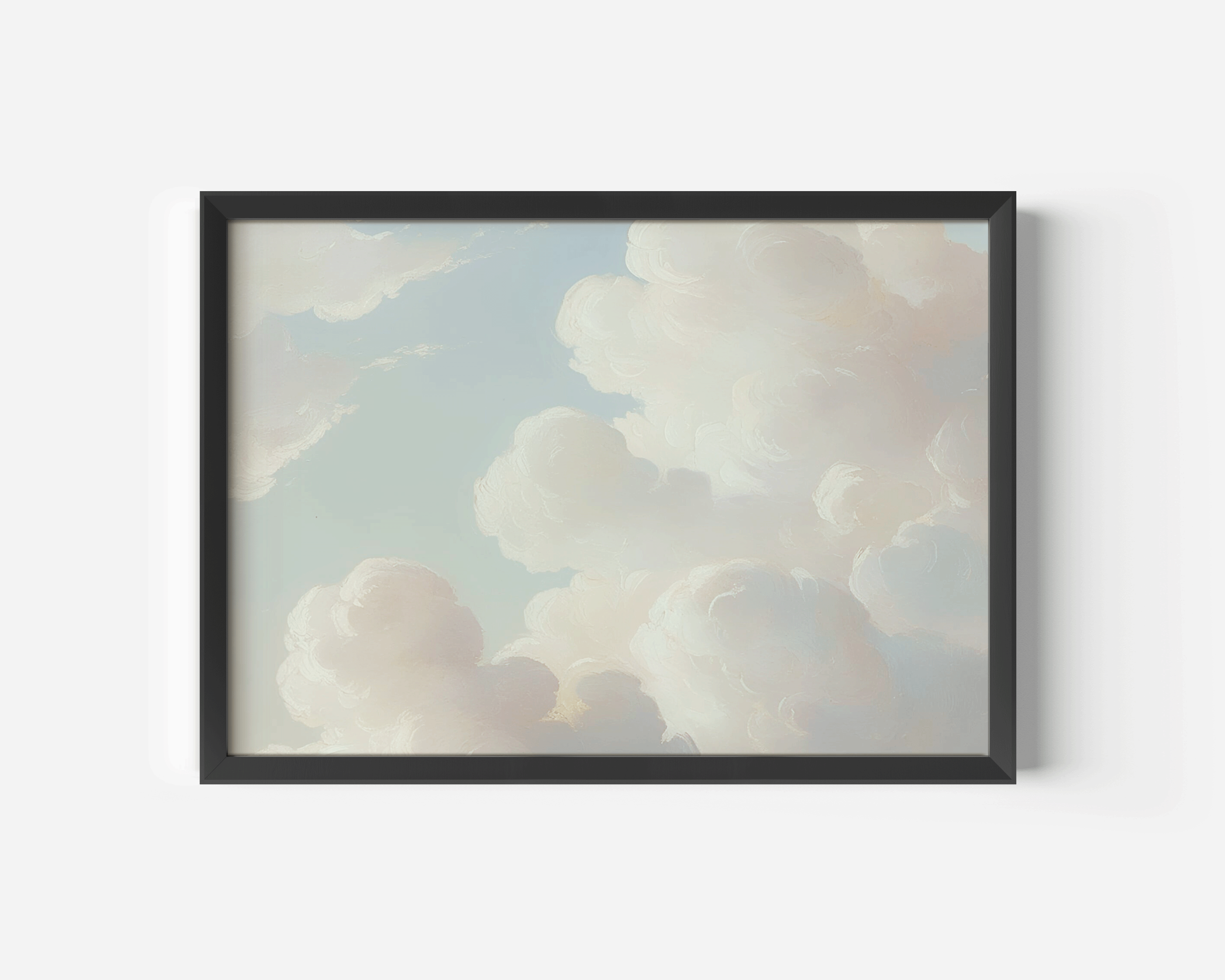 Soft vintage cloud wall art in oil painting style with black frame horizontal