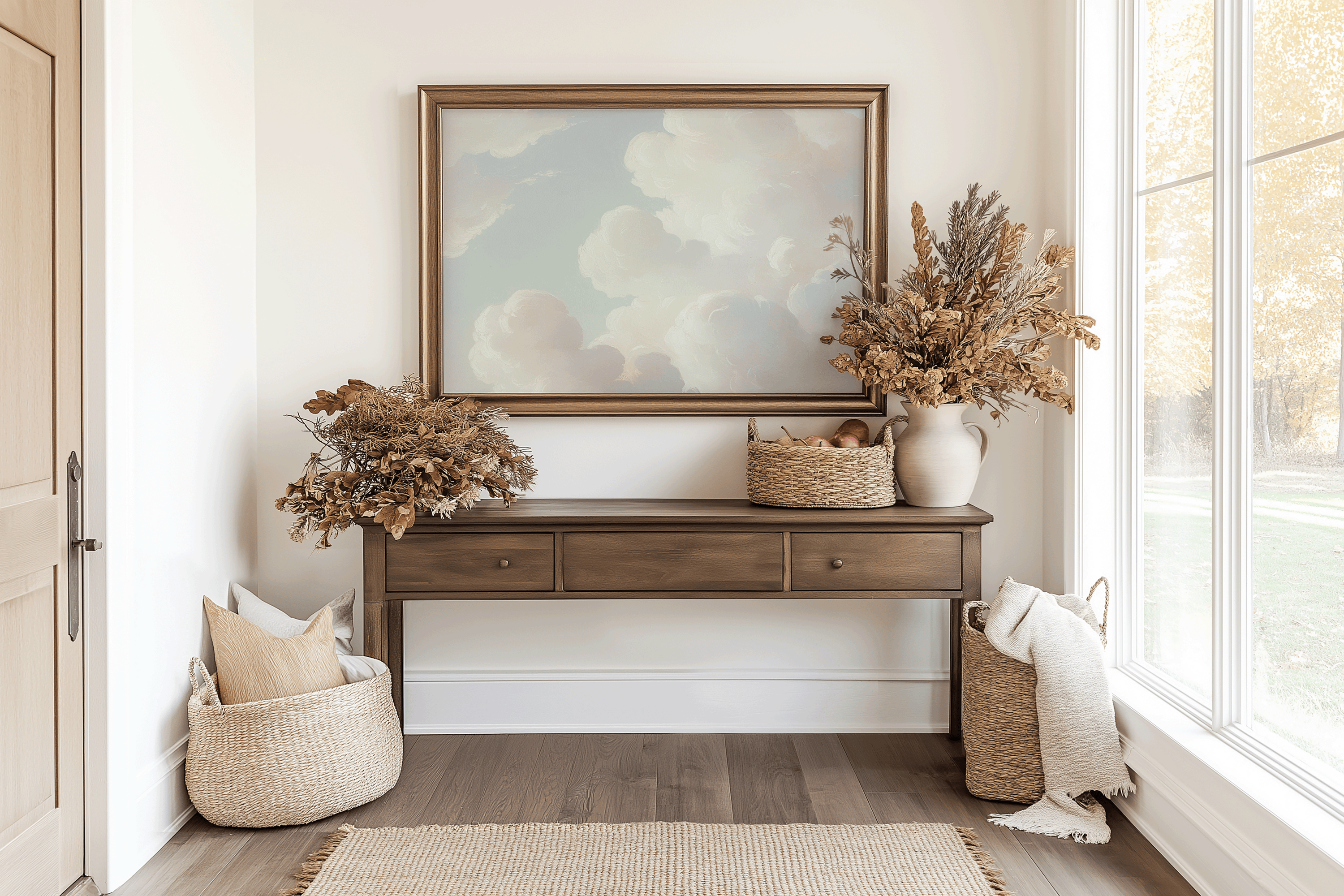 Serene blue sky and fluffy clouds artwork in hallway entryway over console table