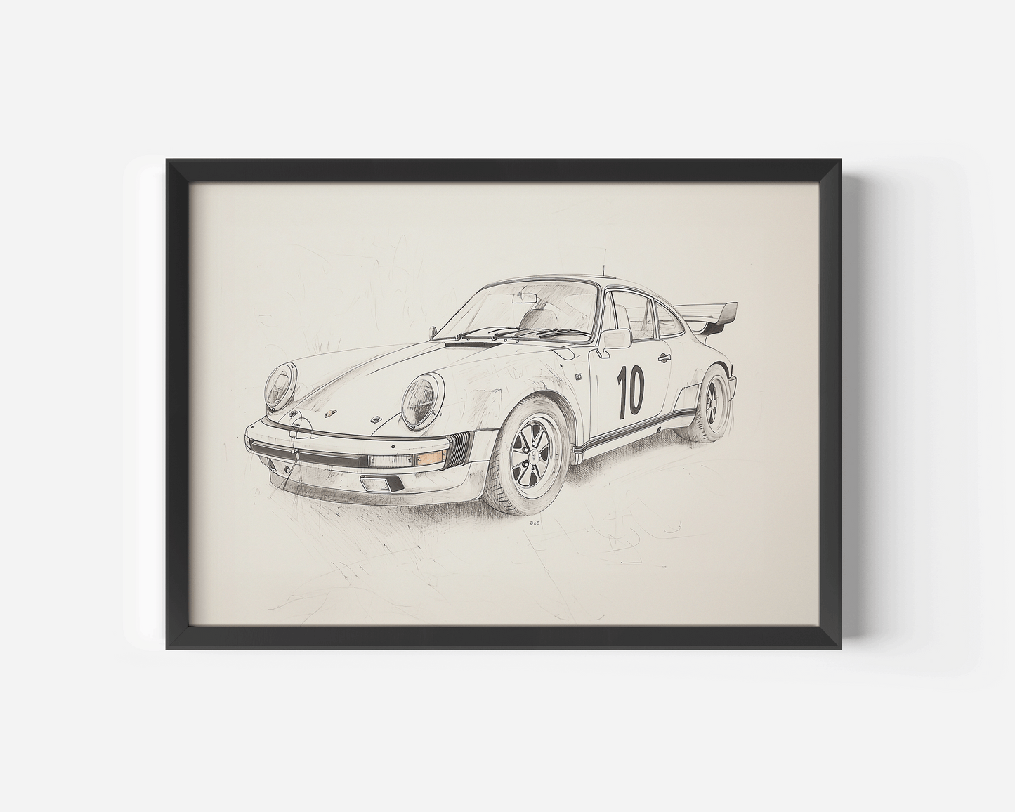 Framed sketch of a vintage Porsche-style race car with number 10, displayed in a black frame on a white background