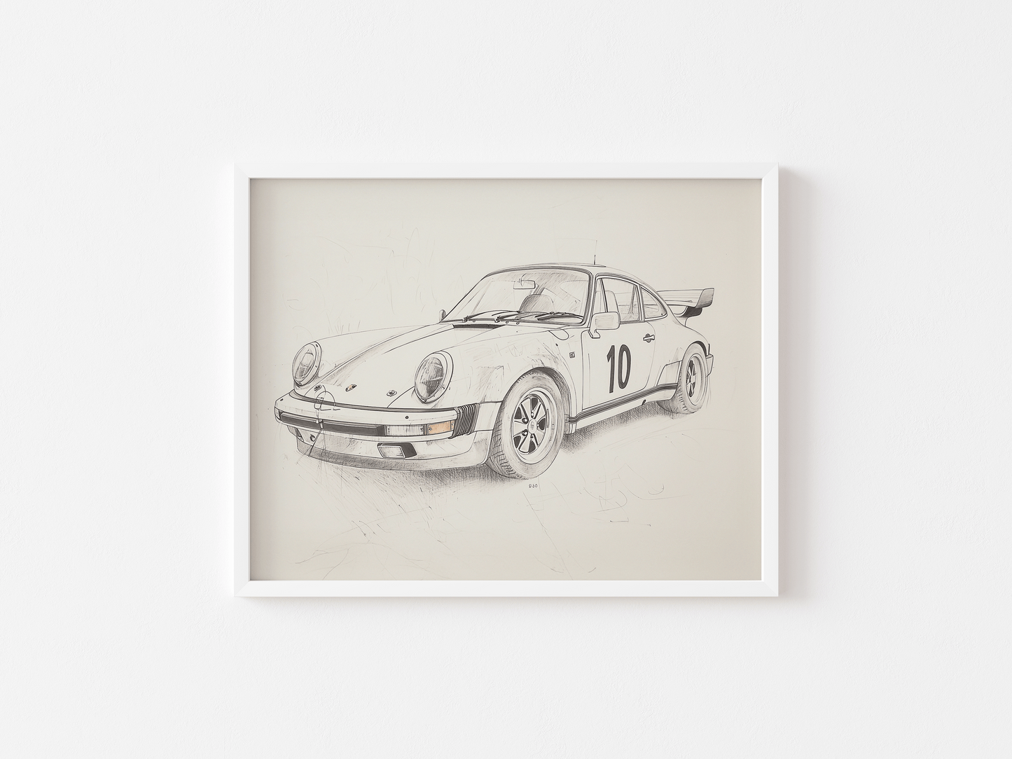 Vintage Porsche-inspired race car sketch with number 10, framed in white and photographed against a white wall