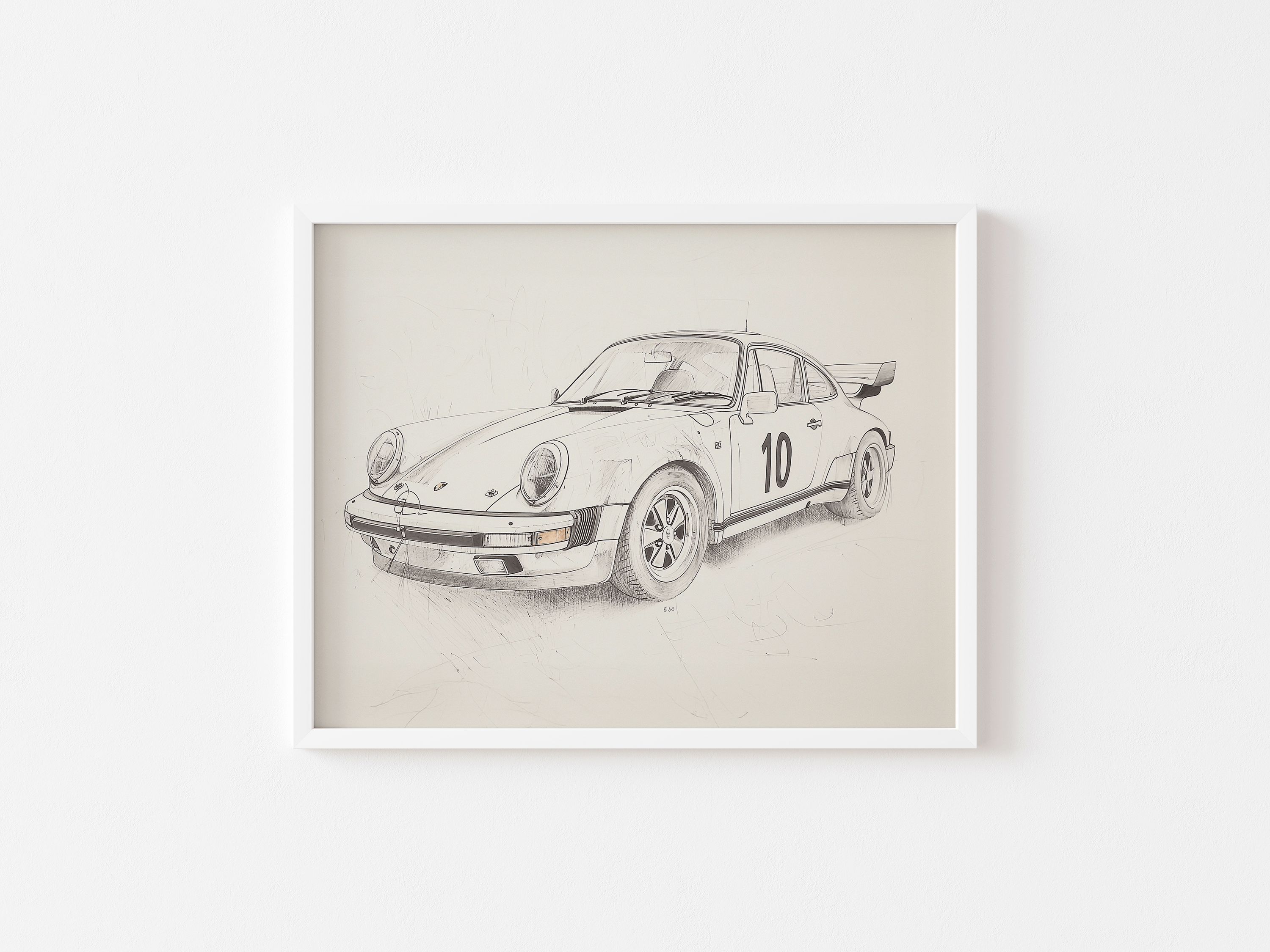 Vintage Porsche-inspired race car sketch with number 10, framed in white and photographed against a white wall