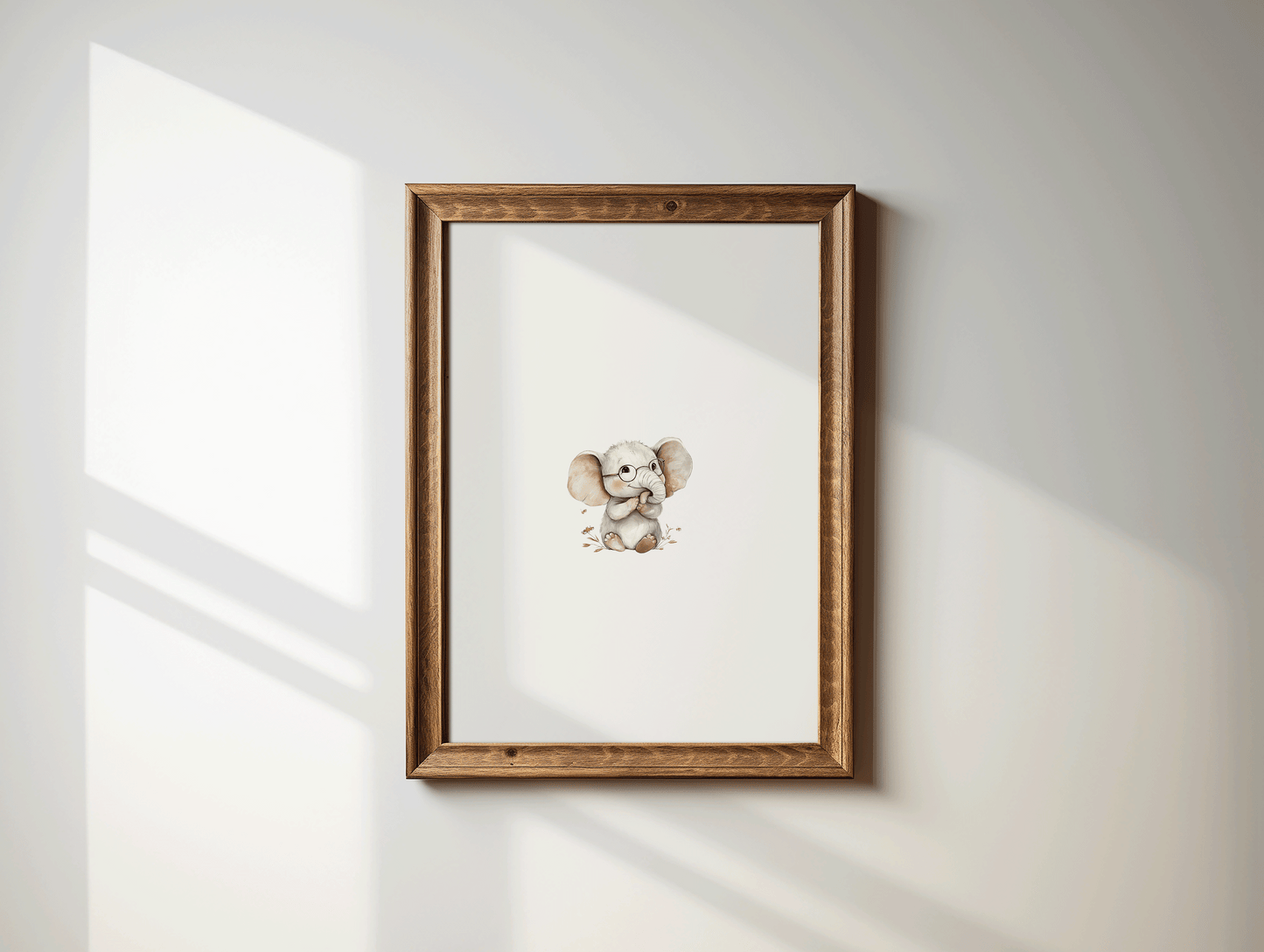 Baby elephant nursery wall art with glasses, framed in brown wood and styled with a brown wooden frame