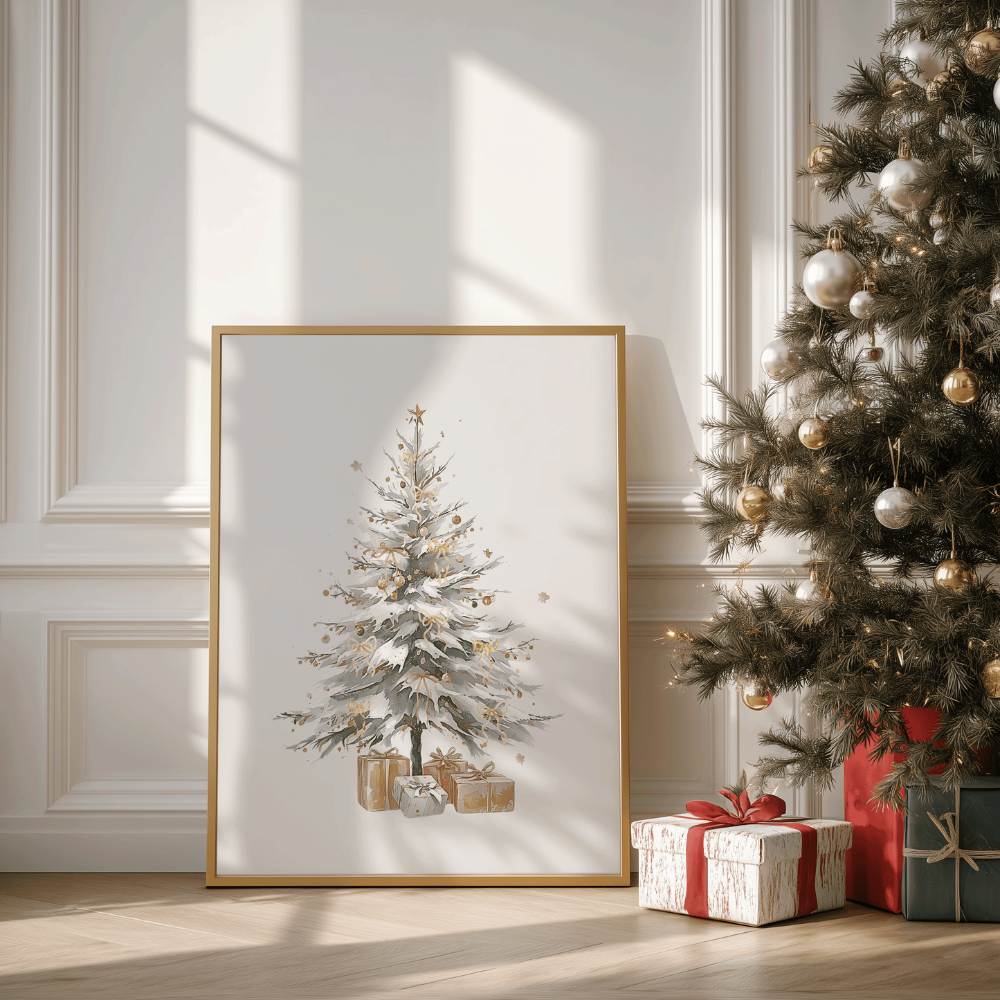 Minimalist elegant, rustic white, green, beige Christmas tree canvas framed wall art print displayed in a neutral living room beside a tree, cozy modern holiday wall art