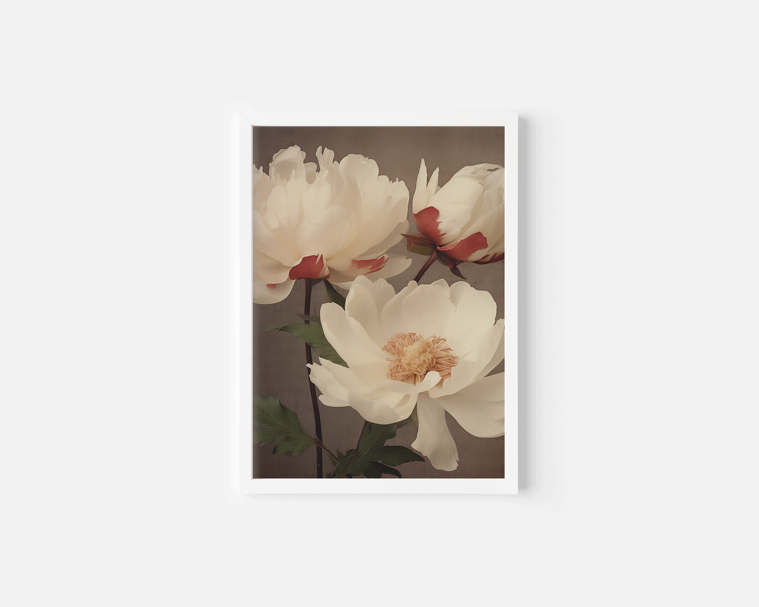 Vintage white lotus flower white-framed canvas wall art on white background