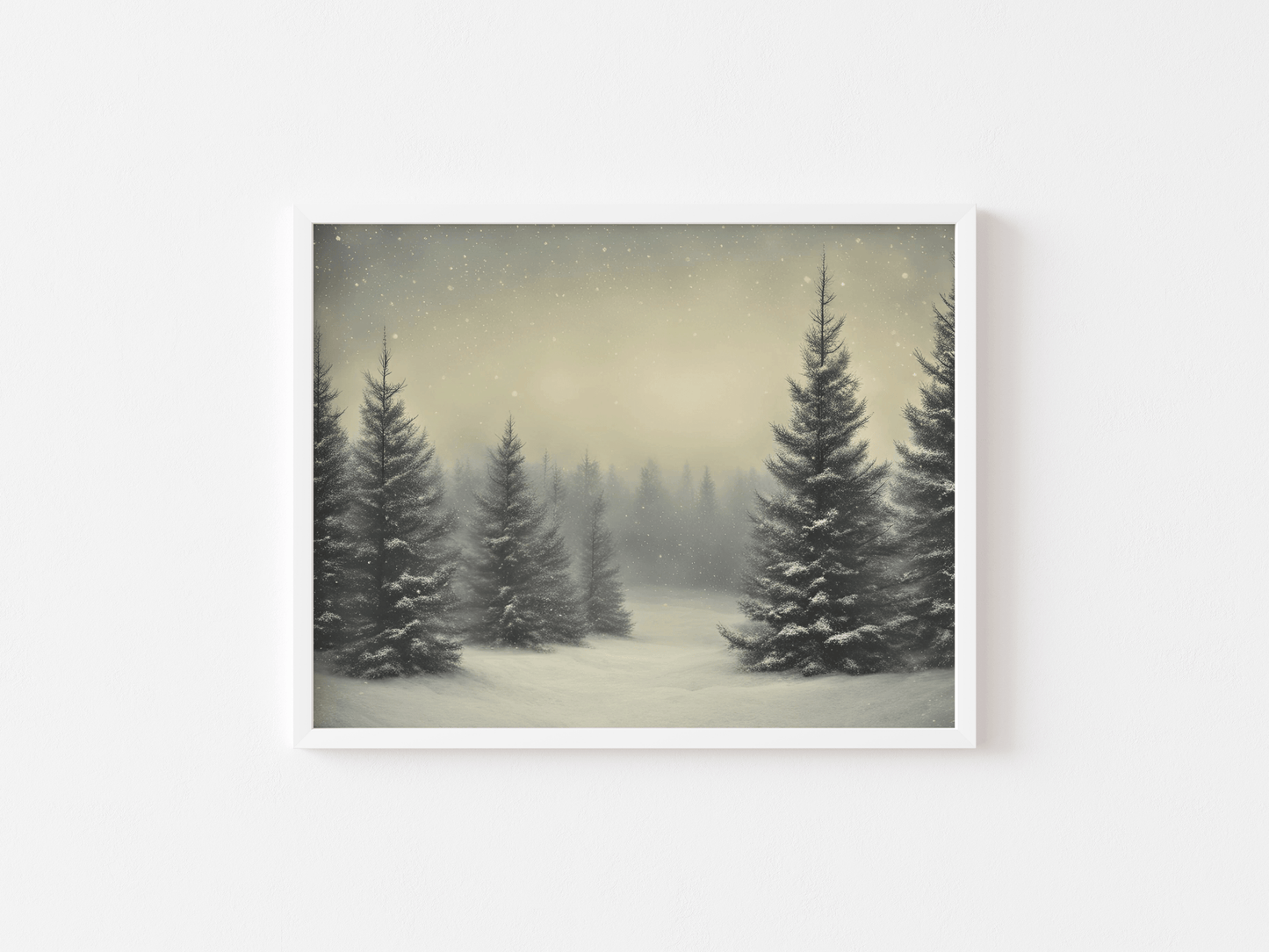 Snowy pine tree nature landscape wall art with a white frame showing a serene winter forest with green trees, snow falling from the sky and on the ground, under a pale gold sky