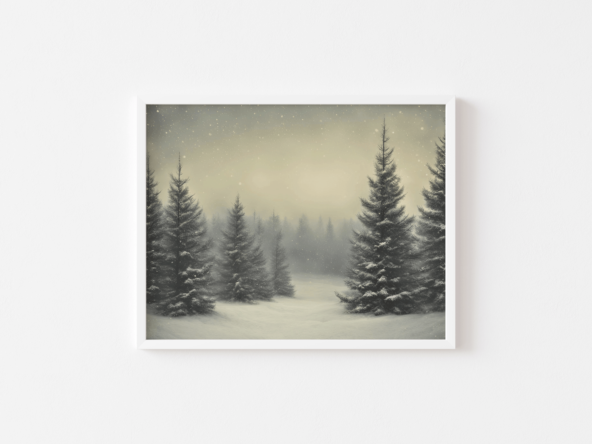 Snowy pine tree nature landscape wall art with a white frame showing a serene winter forest with green trees, snow falling from the sky and on the ground, under a pale gold sky