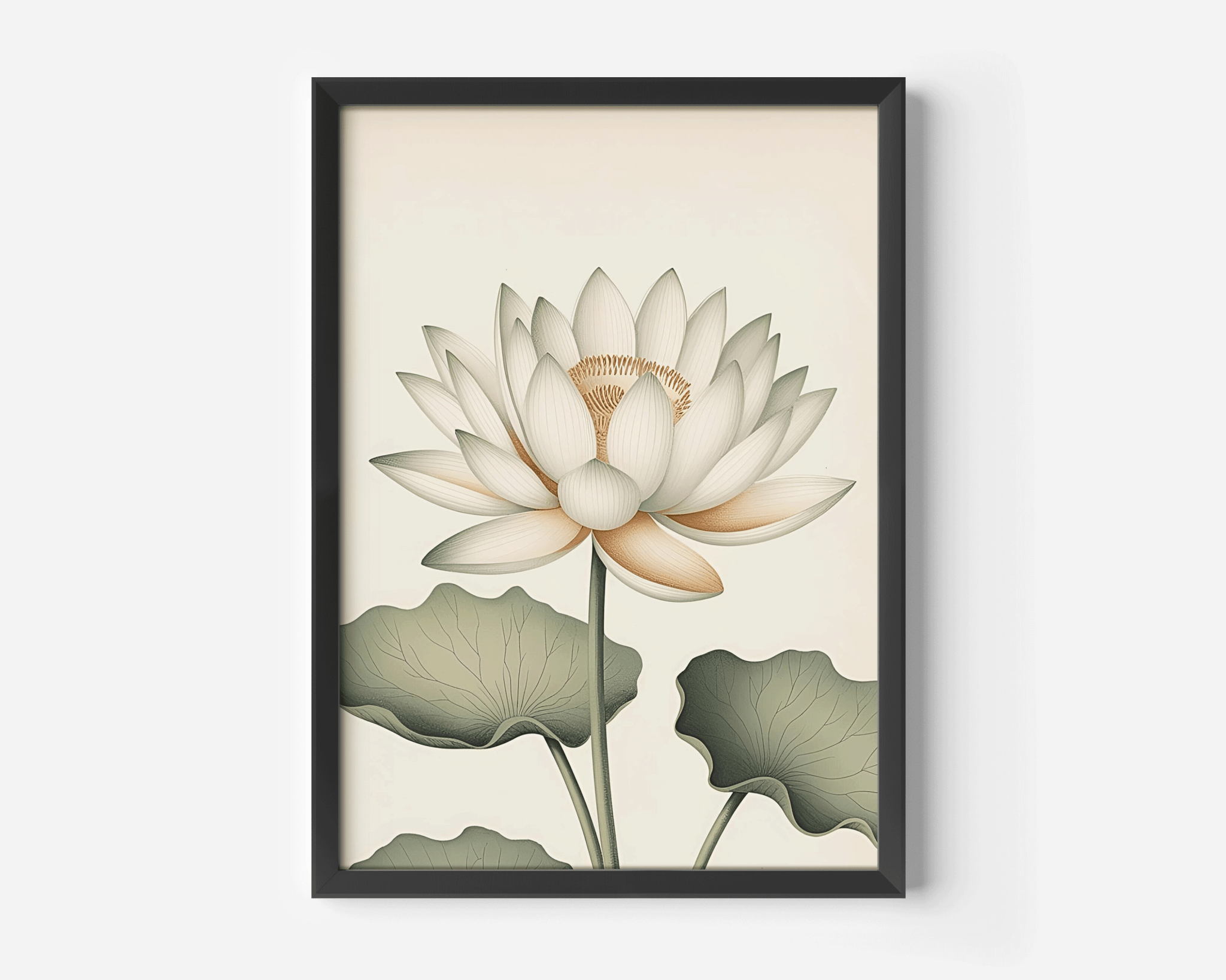 Close-up of a white lotus flower wall art print with soft green leaves and fine botanical detailing on a beige background and black frame