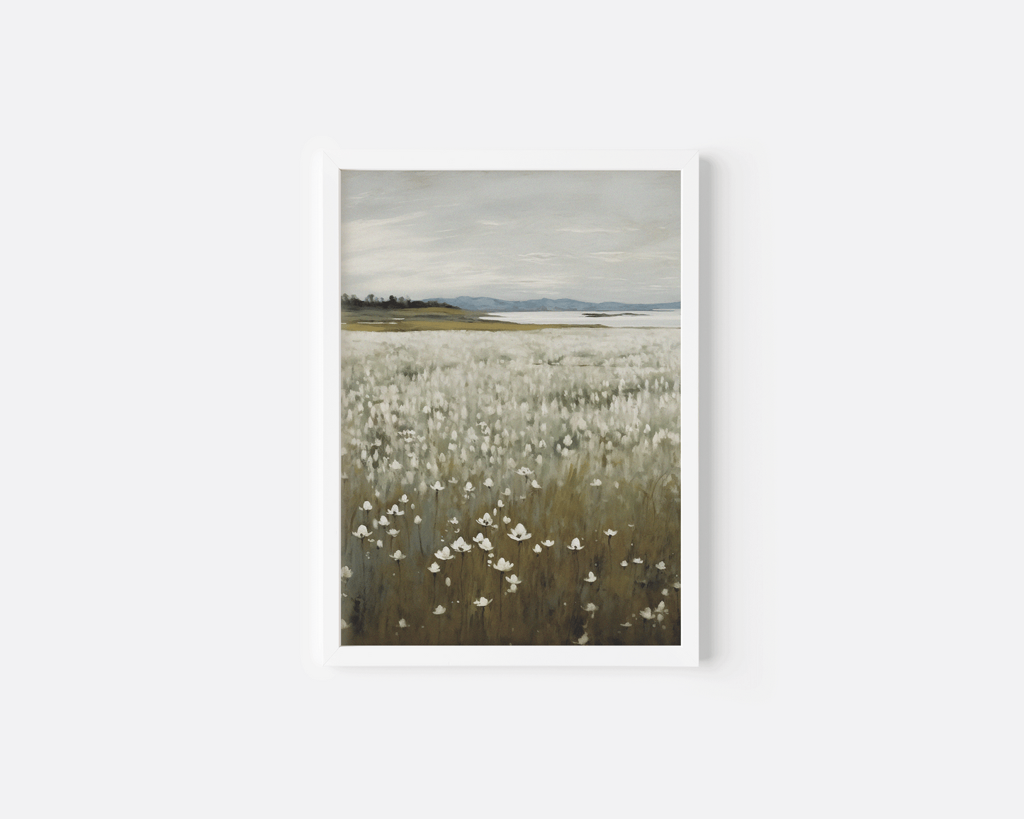 framed vintage white wildflower nature landscape field wall art print on canvas, white frame