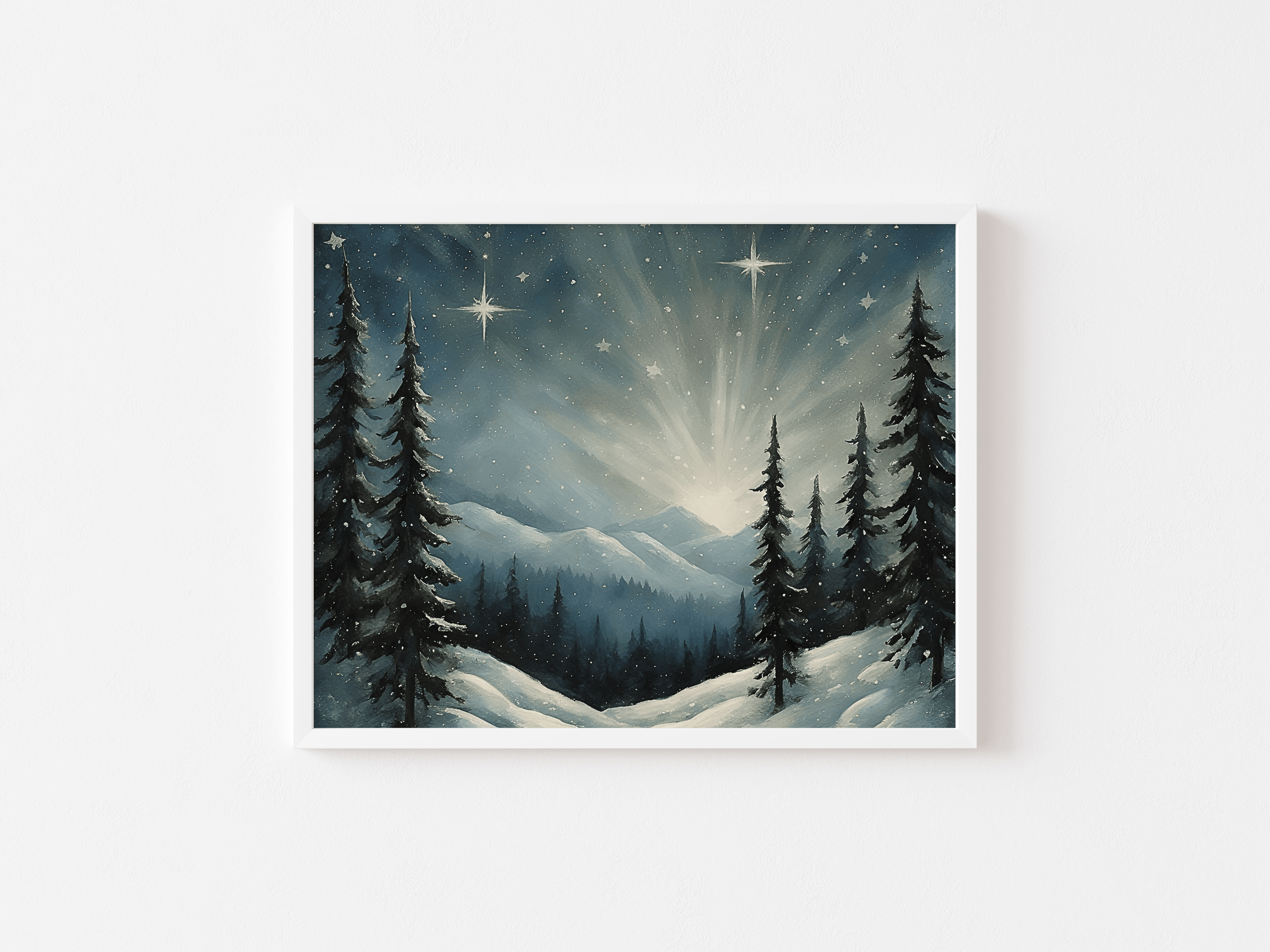white framed winter night canvas print with serene mountain backdrop and celestial glow, seasonal wall art decor