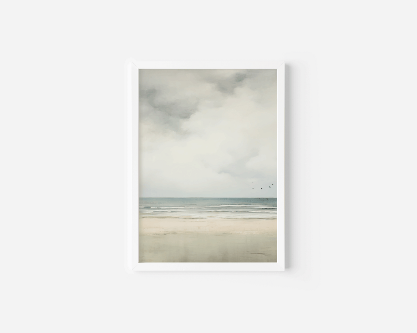 Coastal canvas print of a serene beach and pale sky, ideal for bedroom decor