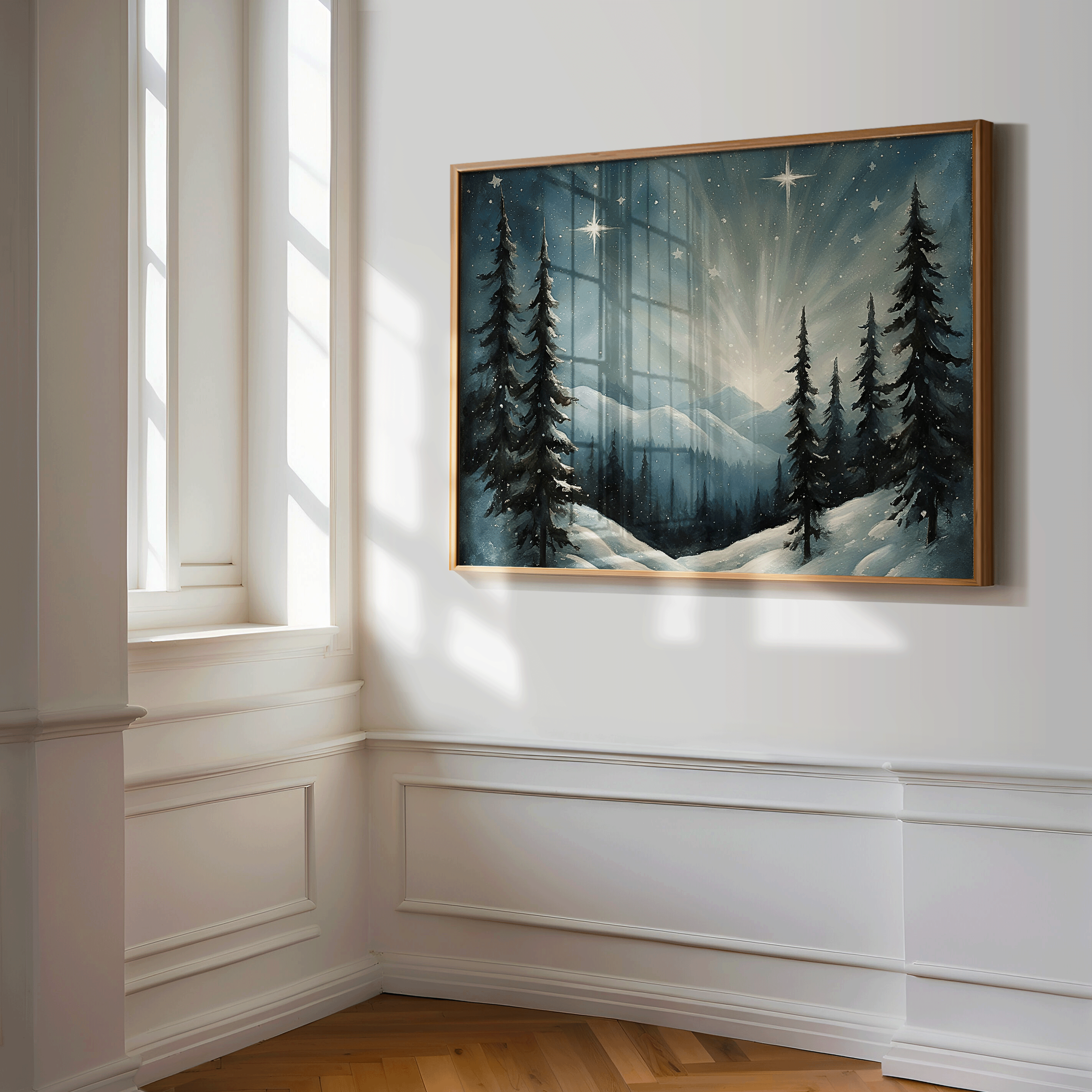 Snow-covered mountain print with peaceful night sky and shining light, seasonal or holiday wall decor