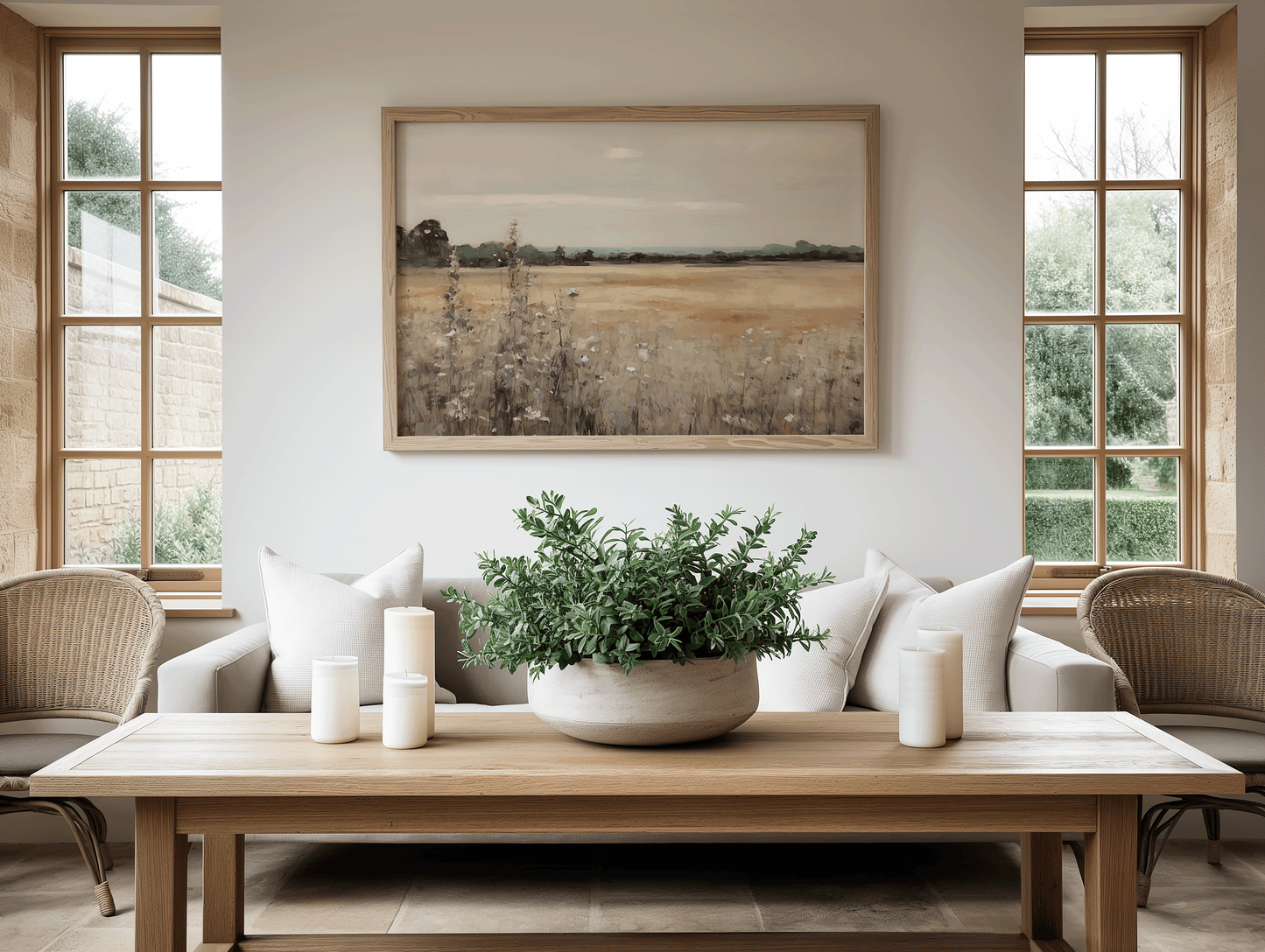 Moody vintage wildflower landscape wall art with countryside fields, framed in wood and styled in a neutral living room with natural farmhouse accents.