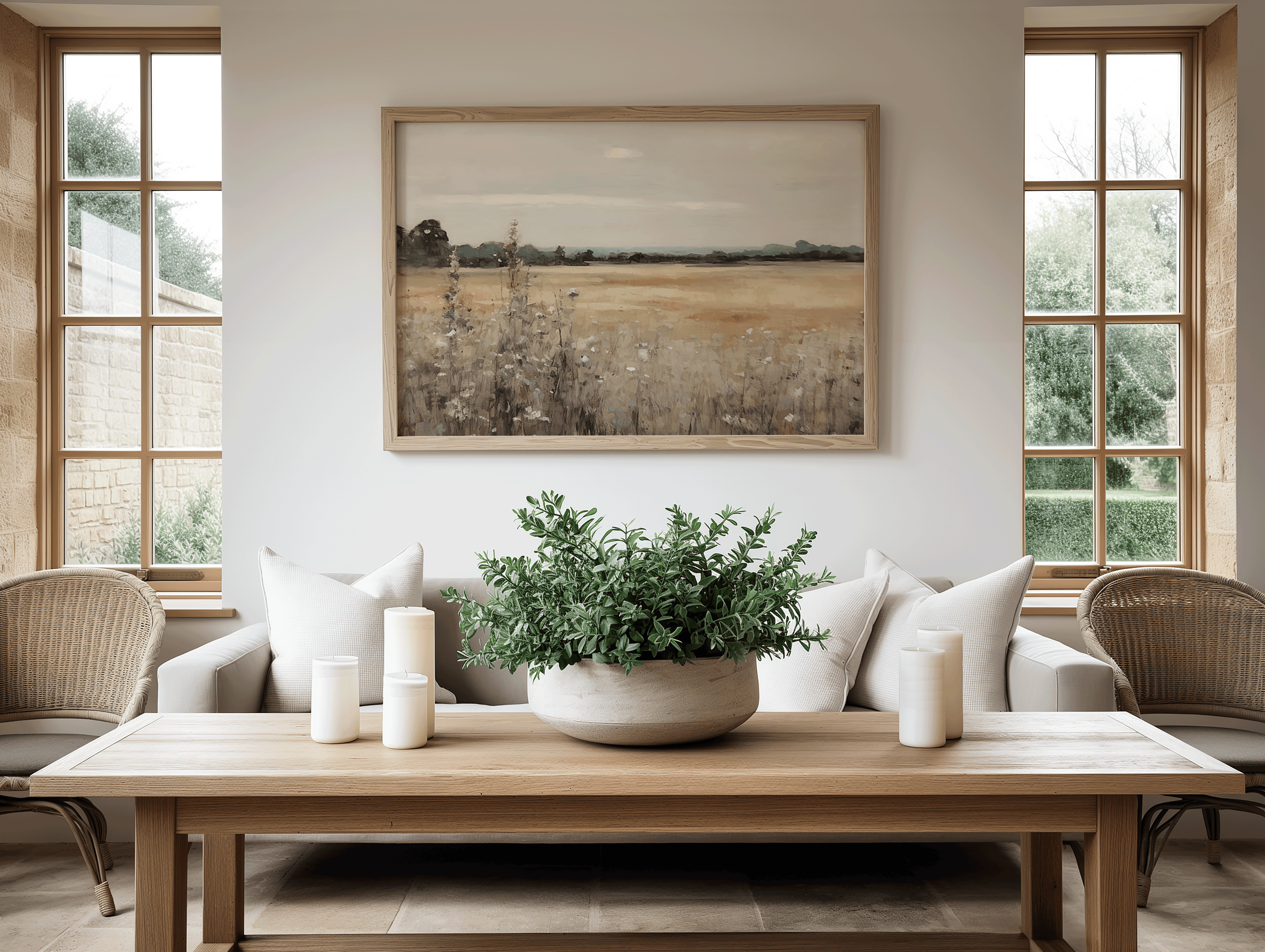 Moody vintage wildflower landscape wall art with countryside fields, framed in wood and styled in a neutral living room with natural farmhouse accents.