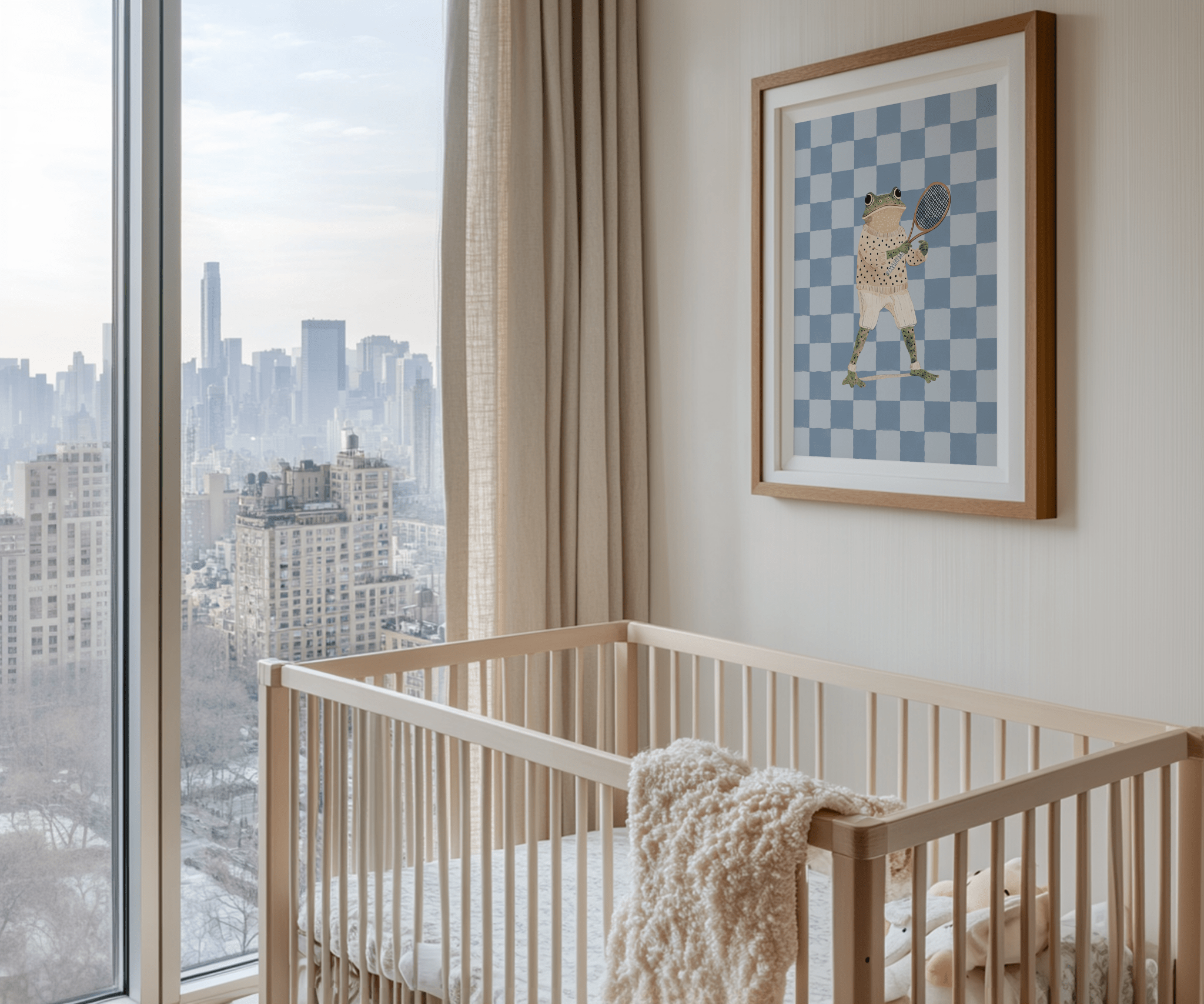Frog nursery wall art wooden-framed above crib in minimal, neutral baby nursery with natural wood furniture and cozy accents