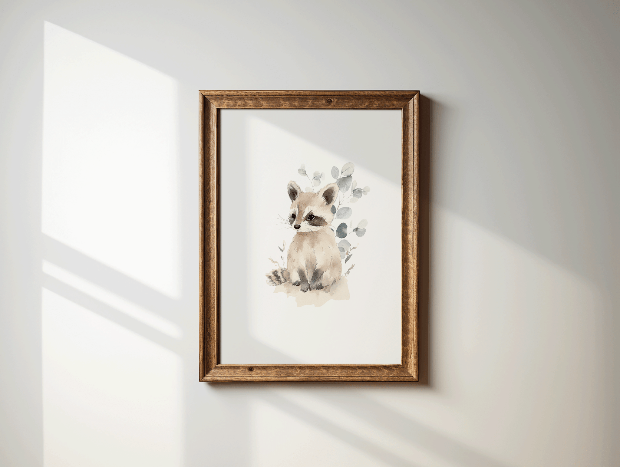 Woodland Raccoon Nursery Wall Art | Neutral Animal Print with Eucalyptus Foliage - Buy Wall Art