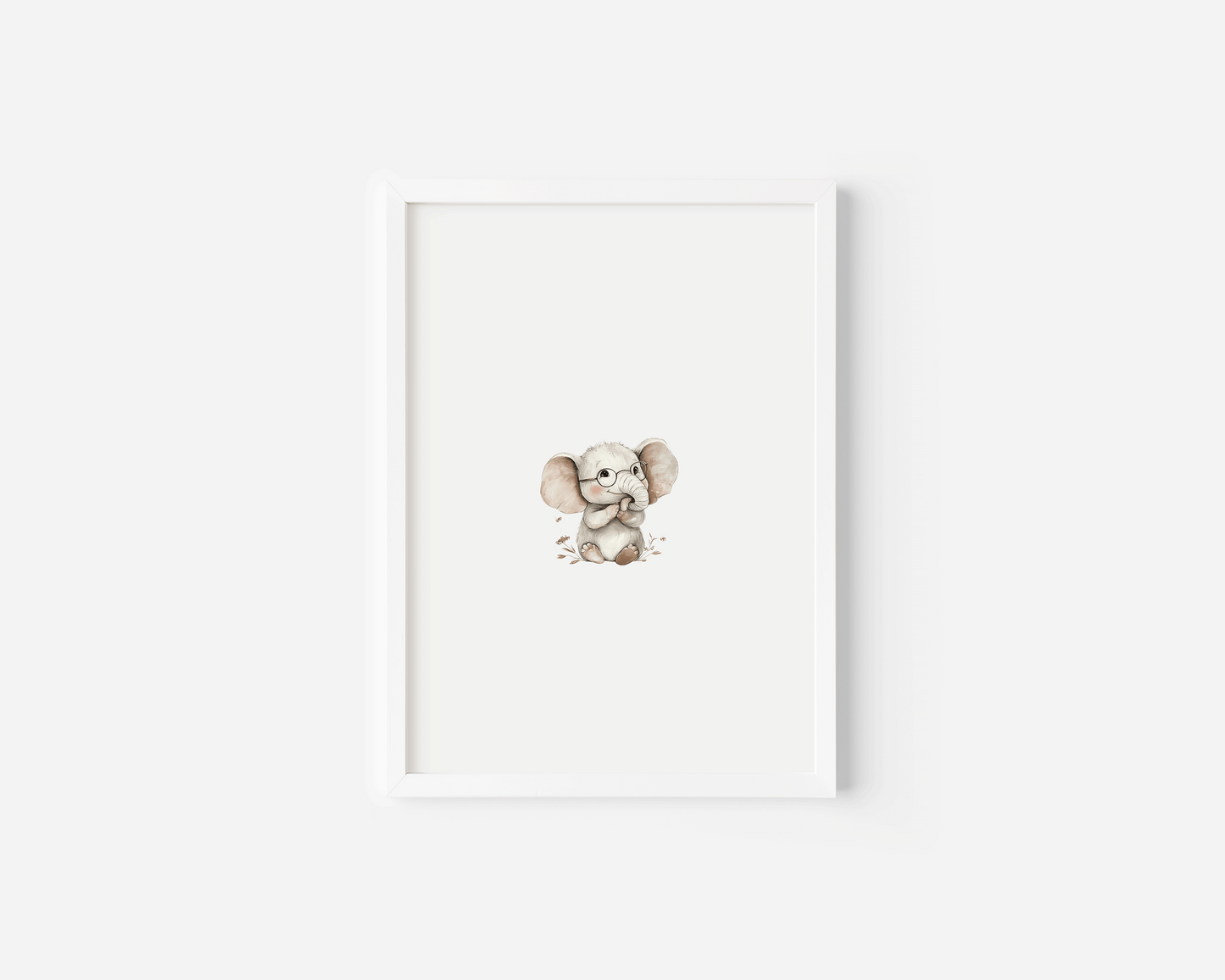 Neutral baby elephant art print in a modern white frame for a woodland nursery