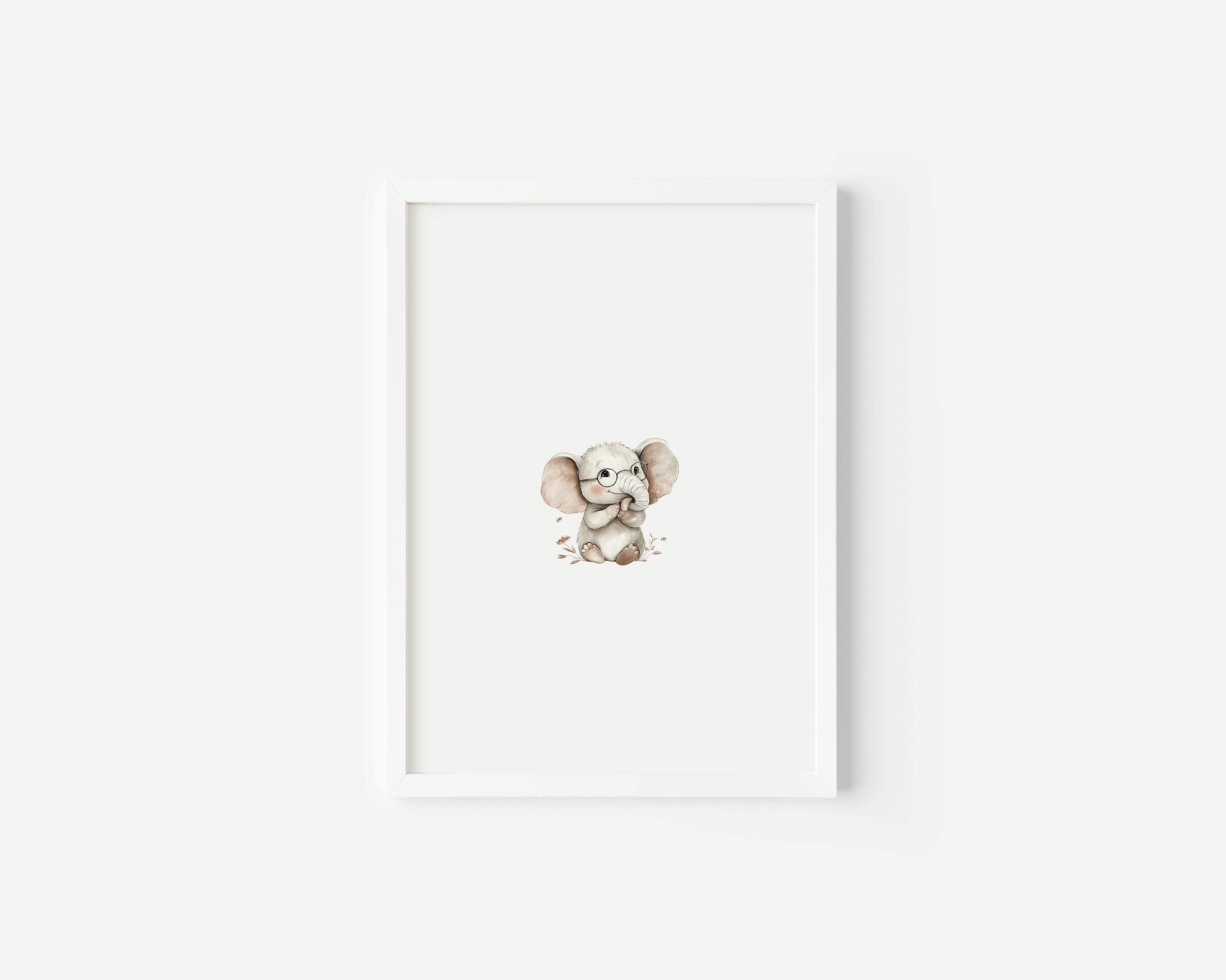 Neutral baby elephant art print in a modern white frame for a woodland nursery