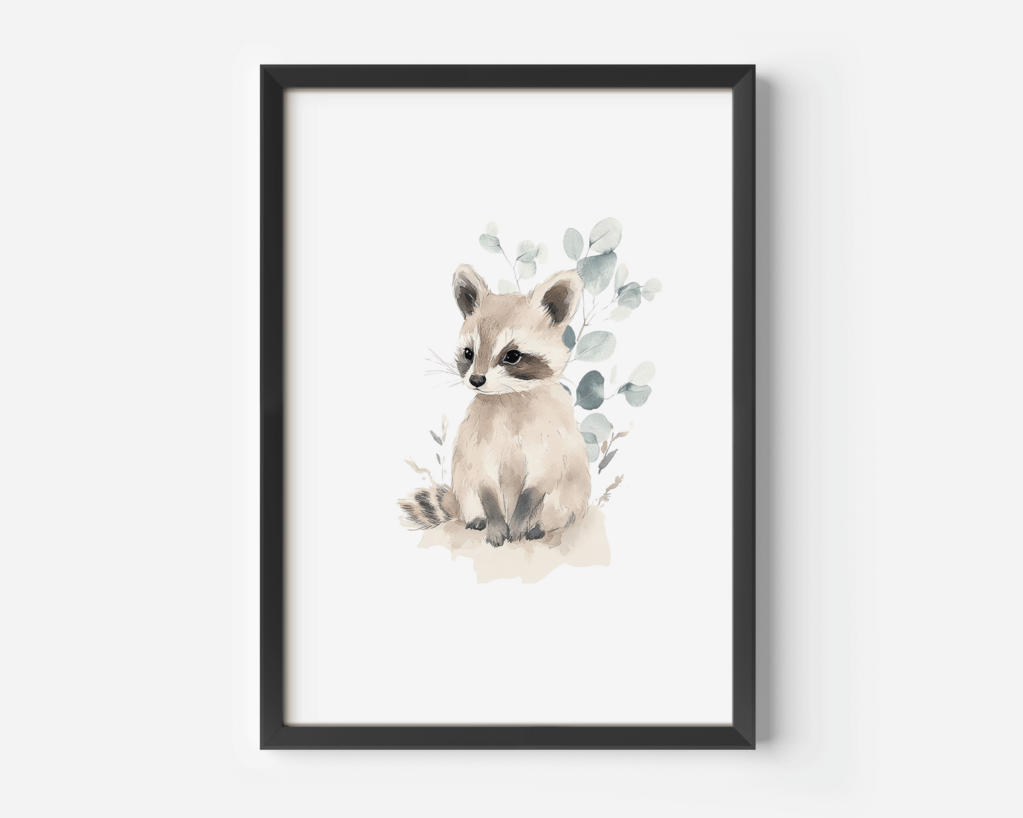 Neutral raccoon nursery wall art in black frame for baby nursery or girl or boy kids bedroom