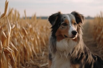 Australian Shepherd Dog In A Wheat Field. Beautiful Australian Shepher 