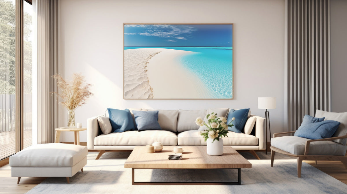 beach and sand wall art in a living room