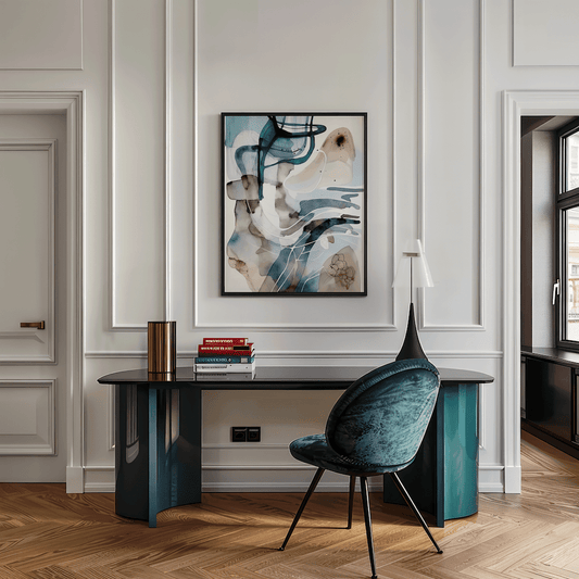 Abstract canvas wall art in a modern home office – large framed print styled above a green desk with black chair, white paneled walls, and minimalist decor. Perfect inspiration for contemporary wall decorating ideas.