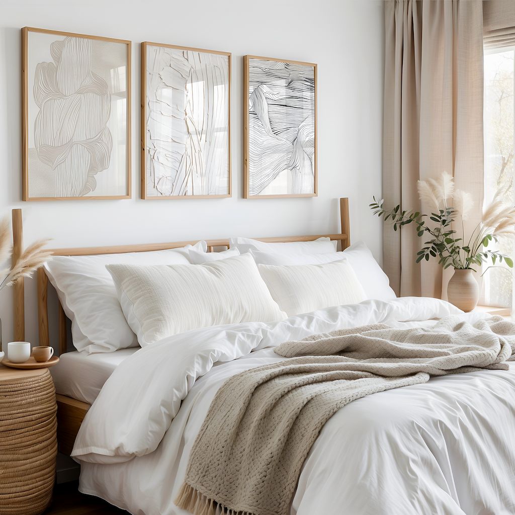 Modern bedroom with neutral abstract wall art set of 3 canvas prints framed in wood above bed.