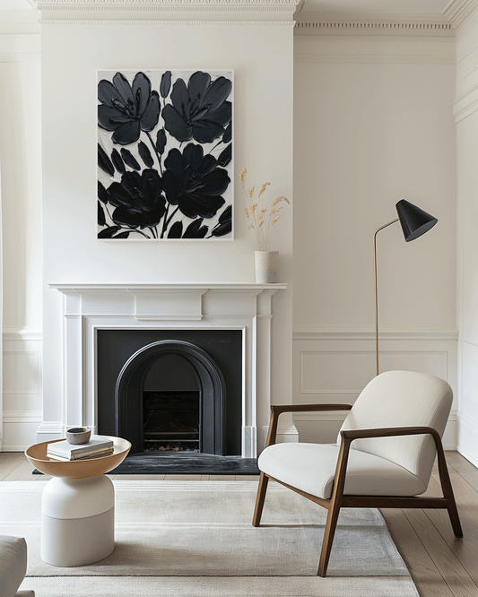 Neutral Living Room with Black Floral Wall Art Print Above Fireplace – Modern Framed Canvas Home Decor