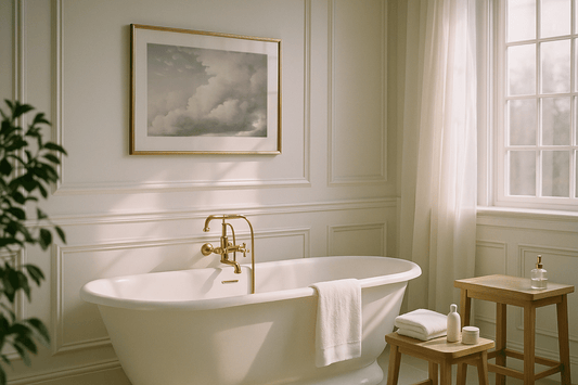 Framed wall art above a freestanding bathtub in a modern bathroom with gold fixtures and natural light