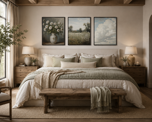 King bed bedroom wall art featuring neutral botanical prints, landscape meadow artwork and cloud wall art arranged above an upholstered king-size bed in a contemporary farmhouse bedroom with warm neutral decor.