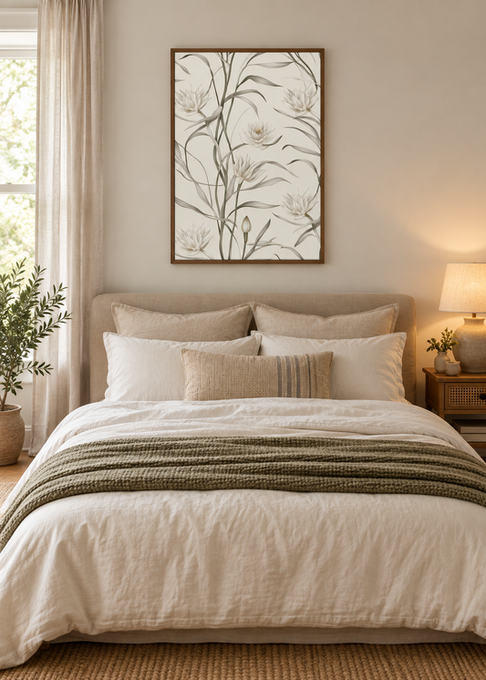 Framed botanical wall art print with white lotus-style flowers in a brown wood frame above a neutral bed in a calm, serene bedroom