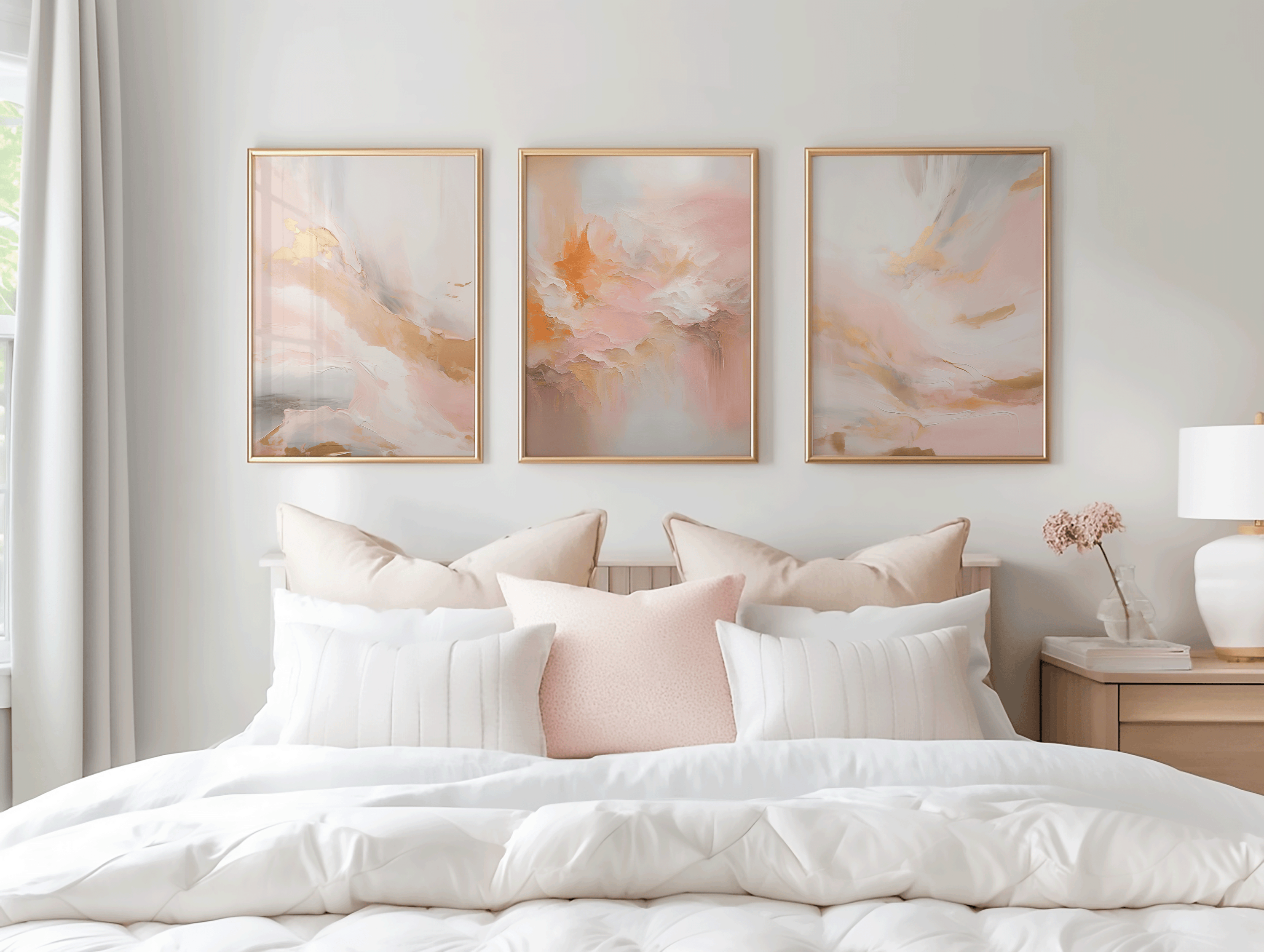 set of 3 abstract wall art triptych with warm blush and beige tones styled above a bed with white bedding and blush pillows, modern bedroom wall art decor.