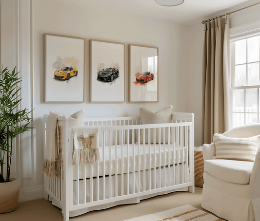 set of 3 race car nursery wall art prints framed above a white crib