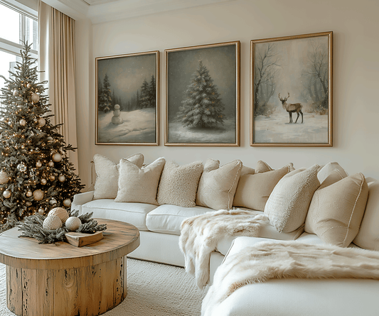 Neutral winter woodland Christmas decor with a cozy living room and framed holiday wall art in gold frames, showing snowy trees and reindeer.